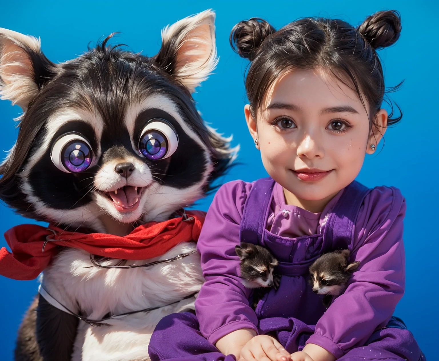 The image features a young girl sitting on a white surface against a gradient blue background. She is wearing a light purple outfit with a long-sleeved top and matching overalls. Her hair is styled in two cute buns, and she has small earrings. The girl has a gentle smile on her face, with big, expressive brown eyes and a soft blush on her cheeks, giving her a healthy, rosy complexion.
Next to the girl is a cartoonish, adorable raccoon character with large, bright purple eyes and a cheerful expression. The raccoon has dark fur with lighter patches around its eyes and mouth, and it wears a red scarf. The raccoon appears to be happily posing with the girl, adding a whimsical and playful touch to the image.
The overall atmosphere of the image is warm and charming, capturing the innocence and sweetness of the girl alongside the playful and friendly raccoon character.baby cute small girlcapturing the innocence and sweetness of the . мультяшный рендеринг ключевого кадра, милый 3D рендеринг,,Create ultra sharp цветной рендеринг zbrush. perfect cgi, baby cute small girlcgi art created only with gradients, smooth silhouette, Create ultra sharp skin, high intensity refraction, (plastic material), most beautiful vfx, blue background, plastic refractions, glossy texture, smooth 3d model, multiple light sources, rim light, sharp post effects render, (glossy plastic texture with multiple big light probe refractions), perfect cgi, cgi art created only with gradients, smooth silhouette, high intensity refraction, (plastic material), most beautiful vfx, blue background