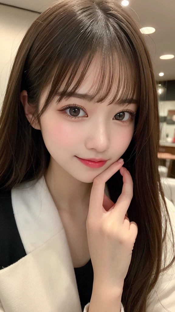 Tabletop, Highest quality, shape, Very detailed, finely, High resolution, 8k wallpaper, 完璧なダイナミックな構shape, Beautiful and exquisite, Gorgeous black fluffy Tokyo winter wear,ランダムなcute髪,Small breasts,Natural color lip, ,smile、20-year-old girl、cute、常にBlur the background,Perfect and beautiful face,Photograph only the face,Beautiful and dense face、Slim face and figure,Big eyes、Putting on gal makeup,Blur the background,Blur the background,Face close-up