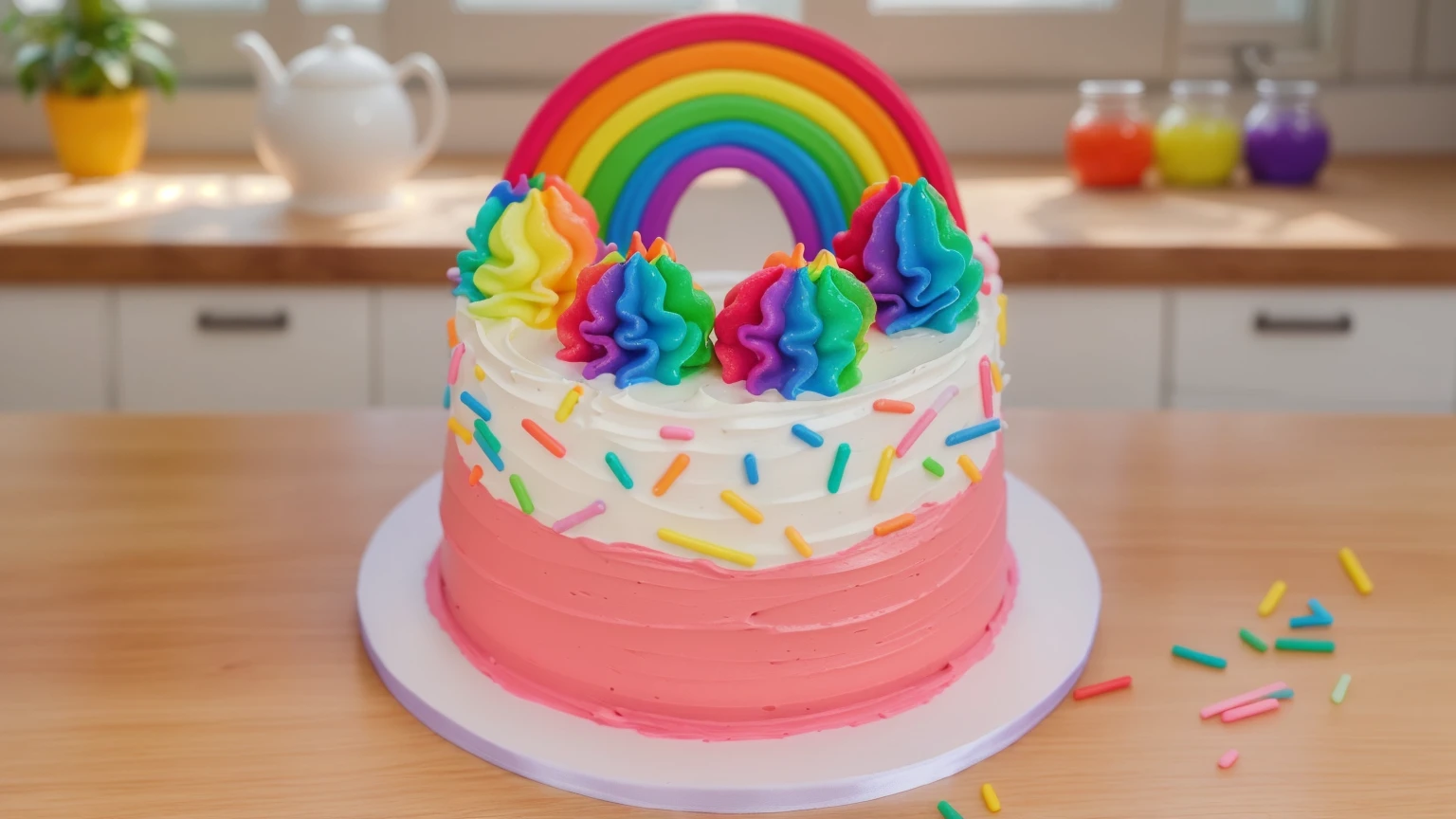 on a wooden table, there is a white plate with cake, white and pink cream cake, Rainbow confectionery powder on the cake, top rainbow gradient cream, polymer clay rainbow, Confectionery powder is scattered on the table nearby, window in the background, kitchen countertop, jars of dyes, teapot and vase with plants, Beautiful light from the window, beautiful lighting, bright announcement, several light sources, Realistic style, realistic textures, high quality, high detail, detailed texture, ultra 4k hd, macro photography