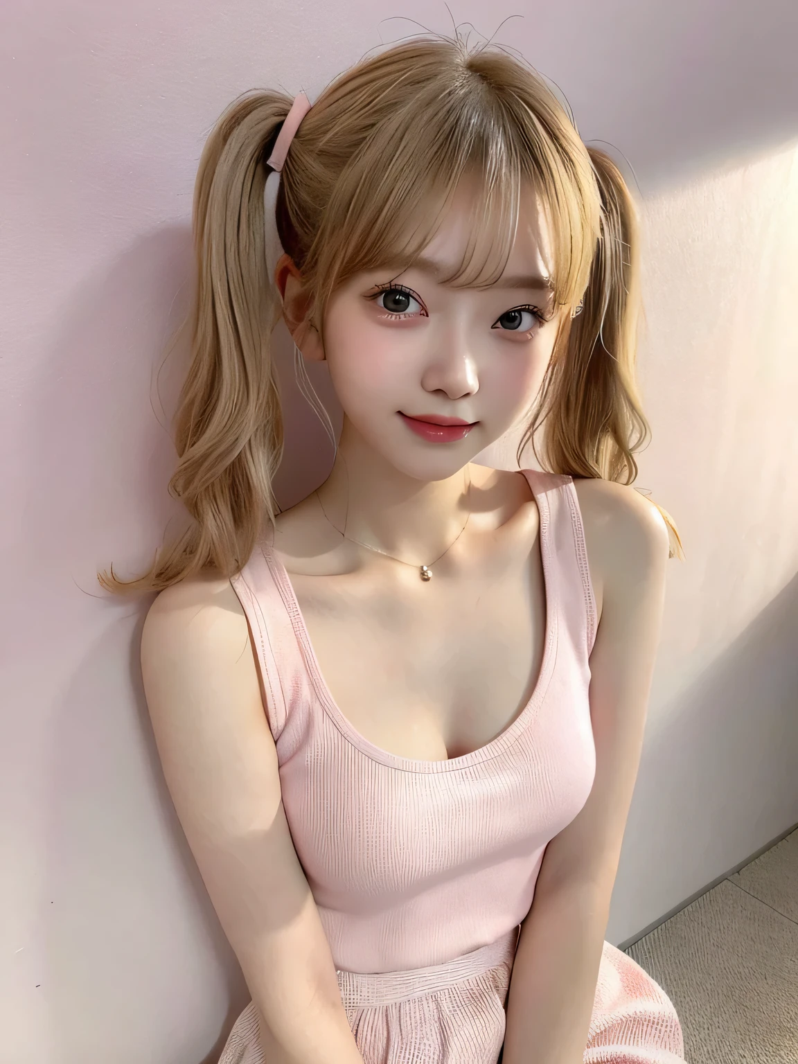 One person、、Full body photo,slender、woman、White drool coming out of the mouth、smile、、Blonde、Short Twin Tails、 Fair skin, messy hair, super cute、Soft and Face、8K resolution、Surreal、Ultra high definition、 A-cup small breasts((Highest resolution、8K、masterpiece:1.3))、Ultra-fine face、Ultra Fine Lips、Beautiful Eyes、double eyelid,Pink wall、Sleeveless red polo shirt、White Skirt、Thighs、thin,Thighsが見える、Shapely small breasts、sexy、So cute!