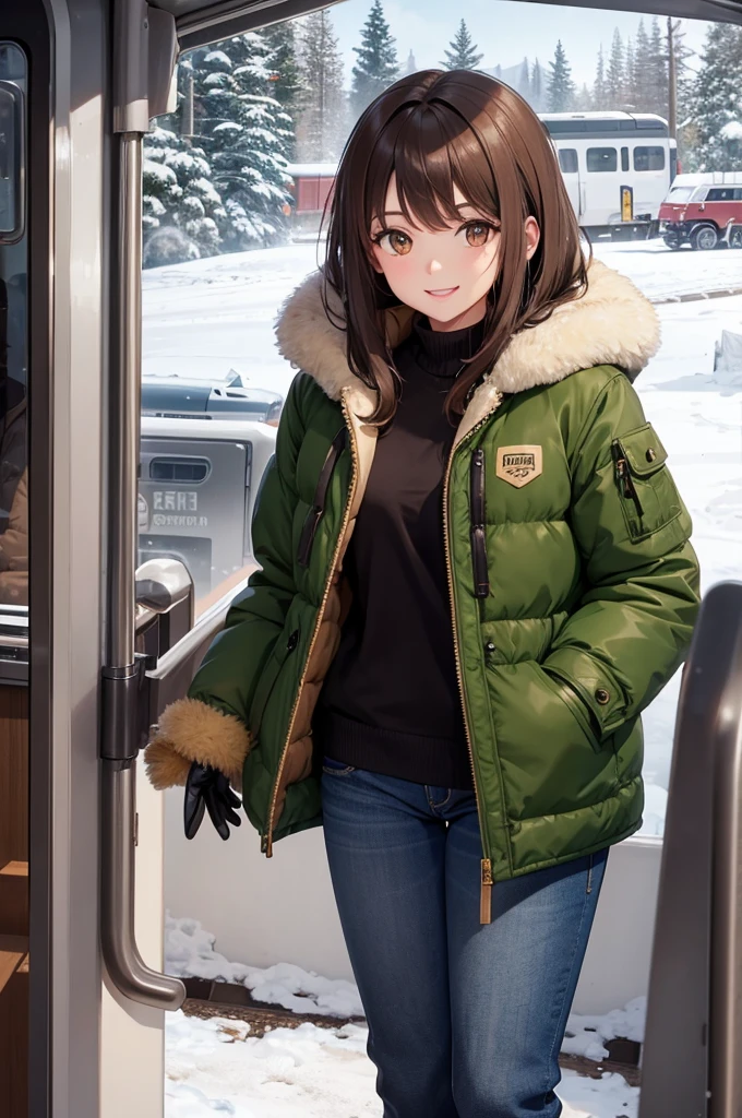 girl, brown hair, brown eyes, jeans, cream green puffer coat, smile, train, snow, black gloves