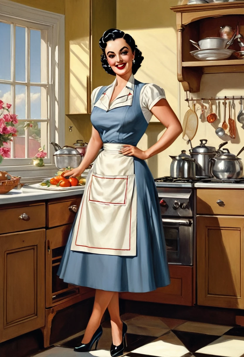 Full-length view, the busty Katy Jurado, depicted as a buxom, curvy, mature lady with a pronounced hourglass figure, dressed in a housewife's attire with white strap apron stands on high heels in a kitchen preparing food, coloured drawing, inspired by the illustrations of Punch magazine around 1900, with influences of Victorian fashion and a style reminiscent of Gil Elvgren and Art Frahm, with intricate fashion details, incorporating the golden ratio, with dramatic lighting, ultra-fine, digital painting