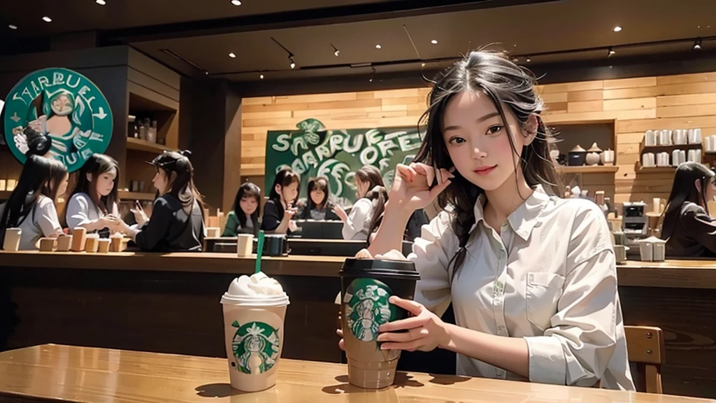 8K、RAW Photos、Highest quality、Super detailed、Super Resolution、Ultra HD、8K壁紙、Amazing details
(((Inside the Starbucks store)))、Woman sitting at a table by the window、、((((Girls&#39; High School Uniforms))))、(((Eat cake、Drink coffee、smile)))、Emphasize cleavage
