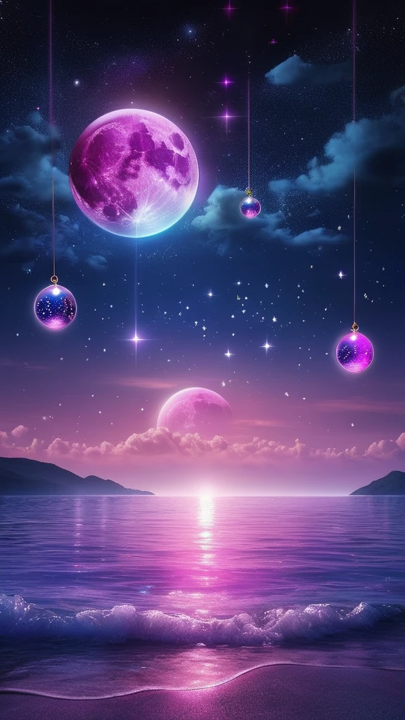 On a starry night with small clouds floating、Magenta and pink moon、Purple and sparkling light blue spheres reflecting light in the ocean。. A space of sparkling stars, It's a bright neon glow from outer space: Vibrant electric light blue expanse glowing sphere, Emerald green、Bright pink、Purple shines mysteriously against the dark background.. this concept art, Expressed as a digital painting, captures the essence of a lovley and opulent space scene showcasing complicated details and exquisite craftsmanship. Fascinating sparkling light, cleverly expressed, Create a sense of awe and wonder, Immerse your audience in the enchanting beauty of this otherworldly creation.macro photograph, Haute Couture, surreal, high quality, Super detailed, Professional Photograph, beautiful, Transparent photograph, Professional Movies, Professional Photograph, Super detailed, Ultra-realistic, cinematic, Sharp focus, Bright light, Detailed, complicated, absurdes, masterpiece. RAWphotograph, Edited by Photograph, Film stock photograph, photograph, Fujifilm Superior Premium 400, Nikon D850 Film stock photograph Kodak Portra 400 camera f1.6 Lenses, 8K, Ultra-high resolution