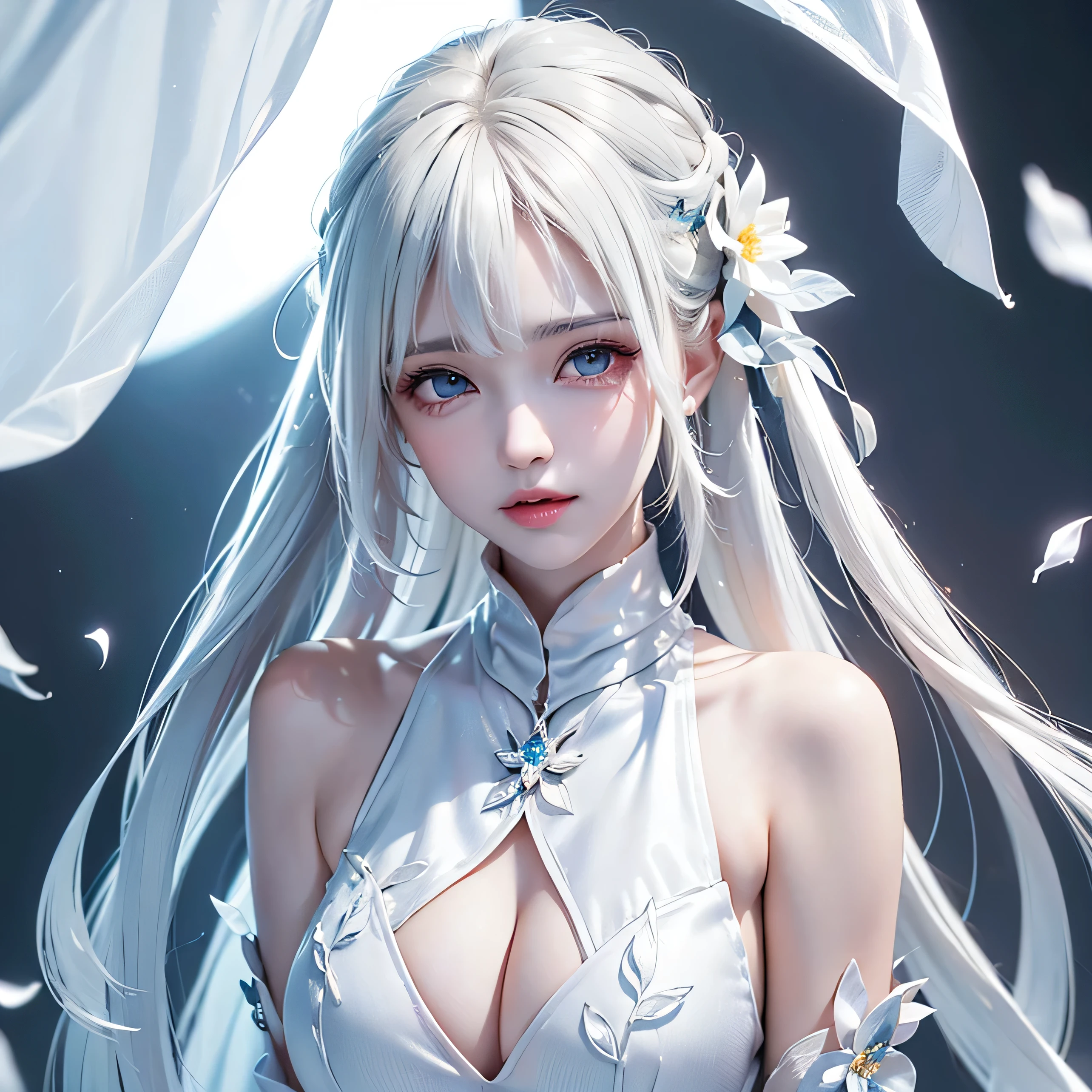 ((Bust up picture))((masterpiece:1.5、8k、Portraiture、Photorealistic and very detailed CG、Very detailed、Particle Effects、Dynamic Effects、Written boundary depth、Cinematic Light、Lens flare、Ray Tracing、Tabletop、Realistic:1.4、超A high resolution:1.2、Realistic、Realistic))((alone、,Woman in turtleneck dress:1.4、Model-like pose:、sideboob、Ample breasts、Detailed face、Bright expression、young, Brighter, Whiter skin、Best Looks、Ultimate beauty、White hair with shiny highlights:1.8、bright and shiny hair,、Super long, Silky straight hair、Hair swaying in the wind))(Fantastic transparent flower々Surrounded by、White Background、Great background、Thin petals fluttering down)，addielyn
