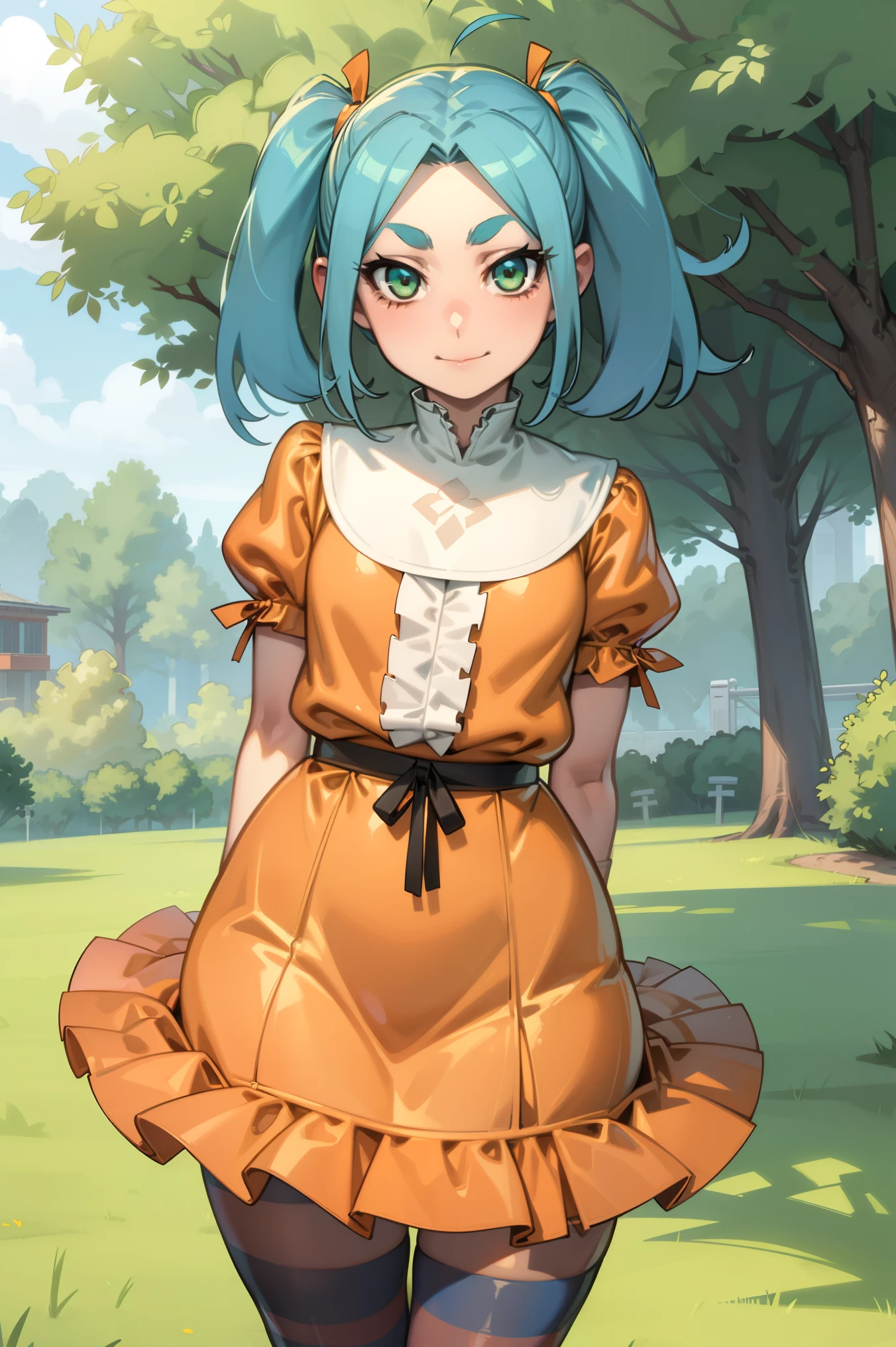 1 girl, standing alone, gazing at viewer,
ononokiyotsugi, water hair, shorth hair, greeneyes, twintails, Thick eyebrows, 
striped pantyhose, blue and gray pantyhose, transparent latexs, Wearing orange transparent fabrics  (70% traparity), (NSFW), highest fabric material, 8K performance of the fabric, rendering by physics engine calculations)::1.96. (high qualiy, detailed CG art), (lindo illumination and shadow, floating effect) ,don, orange don, throat of a branch turtle, white frills, ha, puff sleeves, manga curta, transparentes, degree of transparency 50%) ,ssmile , adorable face , cowboy shot, About KelvinHiuArt ,flat-colors, ,outline,
Garden, trees, close up,
unexpressive, cloused mouth,