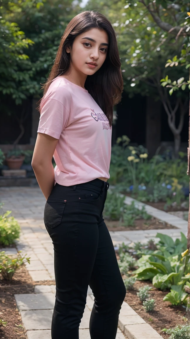 A beautiful young woman, Ananya Pandey wearing soft sky pink tshirt and black jeggings Full figure view full body, garden said body view view anatomy, ultra detailed face and eyes, ultra sharp HDR, realistic realism, 8k