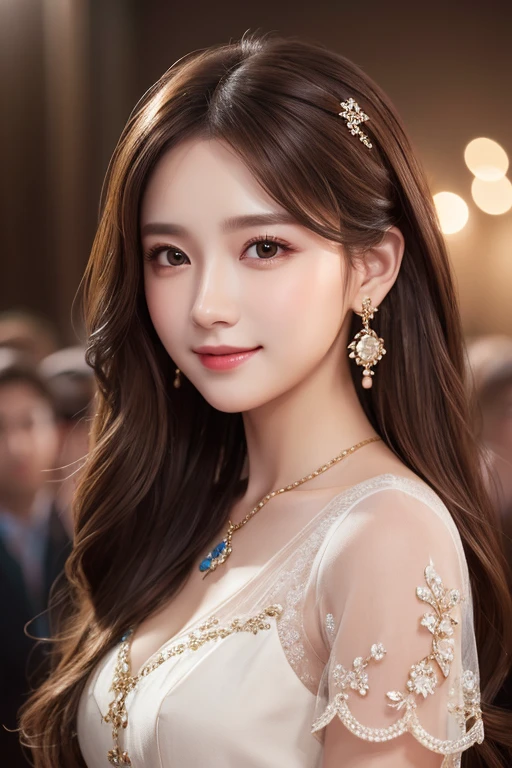 An unparalleled masterpiece、Ultra-realistic 8K CG、Perfect artwork、wallpaper、1 Girl Beautiful Girl、Beautiful Face、 Looking at the audience、Smile、Shut your mouth.、dress、hair ornaments、jewelry、Earrings、Brown Hair Long Hair