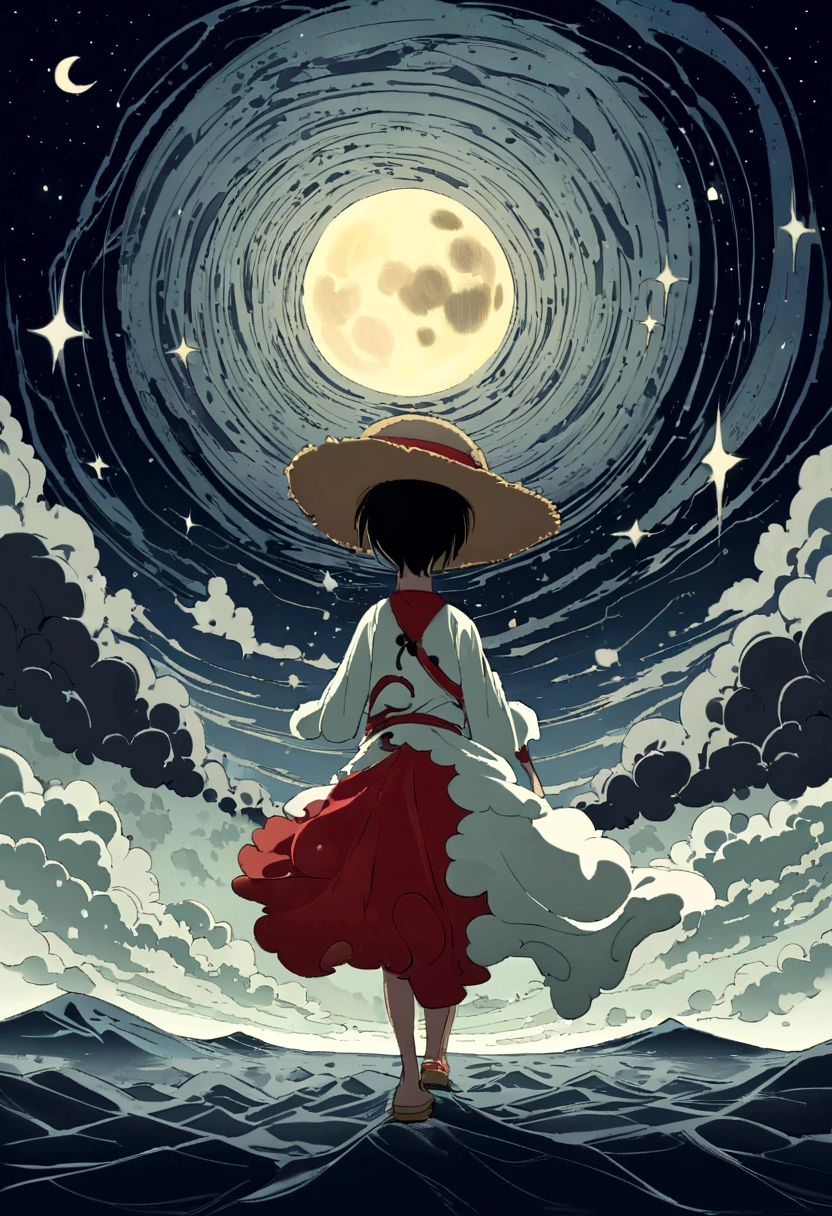 Peux tu me générer une image de Monkey D. Luffy dans one peace, avec son chapeau de paille, de dos qui regarde la lune. Ciel sombre et lune très brillante. 