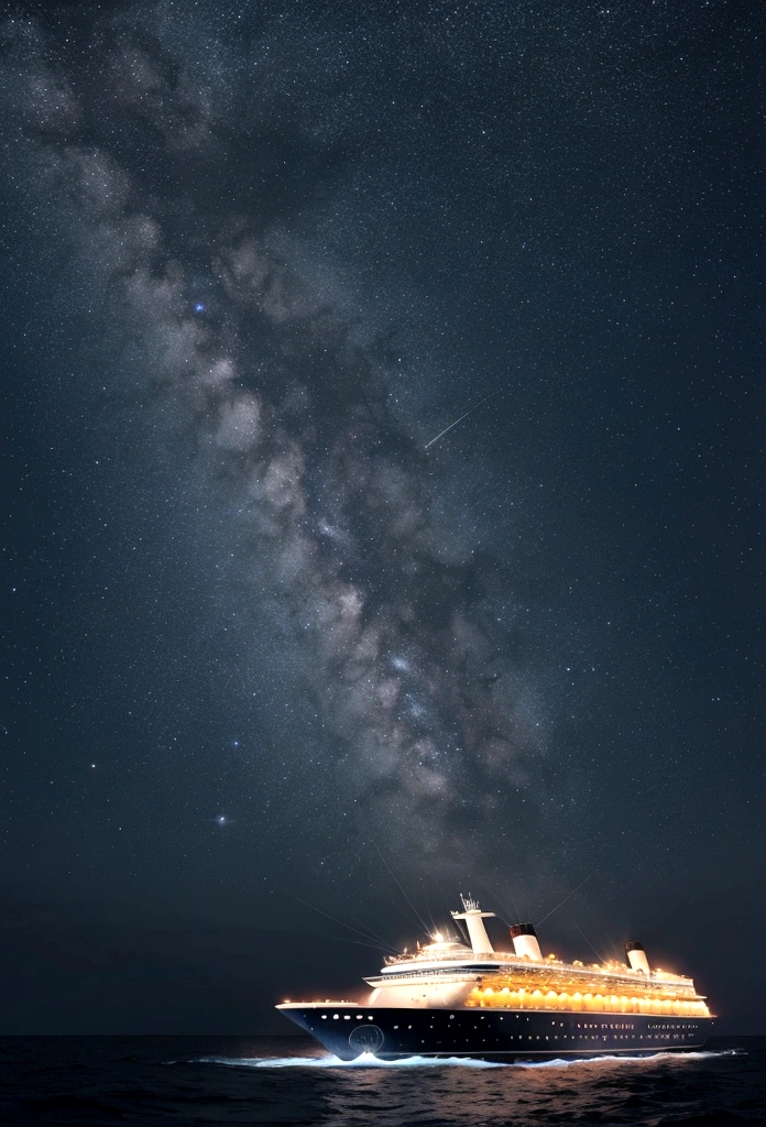 Bottleship　The ship is a luxury cruise liner　Starry sky in a bottle　海の砂の上にBottleshipがある