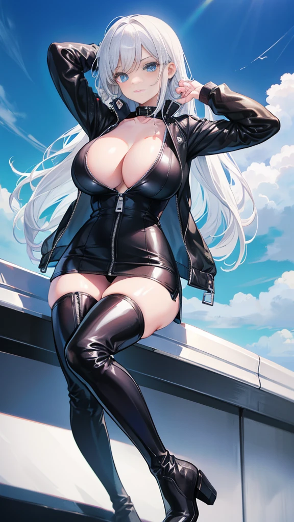 beautiful girl,(Racing girl),Leather jumpsuit,(黑色Leather jumpsuit),Leather Clothes,White long hair,(White hair),(Bangs),Zipper open,(Leather jacket zipped up),((Cleavage)),Open your heart,(Shy expression),Sit on a race car,Blue sky and white clouds,(Big Tits),((Super big breasts)),Leg ring,((miniskirt)),((Over the knee boots))