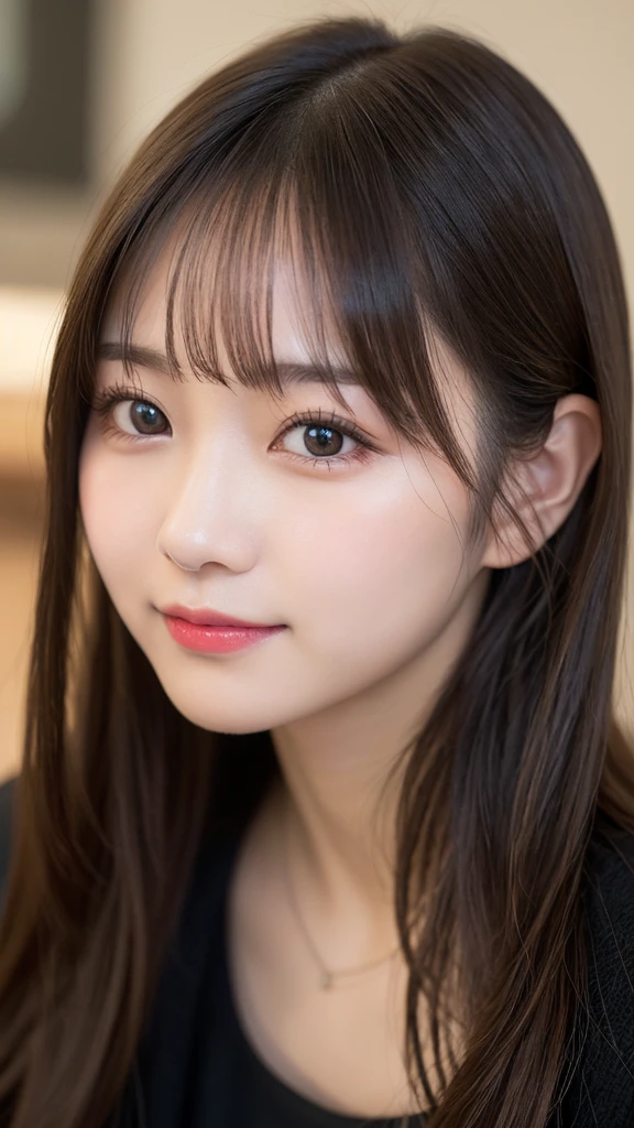 Tabletop, Highest quality, shape, Very detailed, finely, High resolution, 8k wallpaper, 完璧なダイナミックな構shape, Beautiful and exquisite, Gorgeous black fluffy Tokyo winter wear,ランダムなcute髪,Small breasts,Natural color lip, ,smile、20-year-old girl、cute、常にBlur the background,Perfect and beautiful face,Photograph only the face,Beautiful and dense face、Slim face and figure,Big eyes、Putting on gal makeup,Blur the background,Blur the background,Face close-up