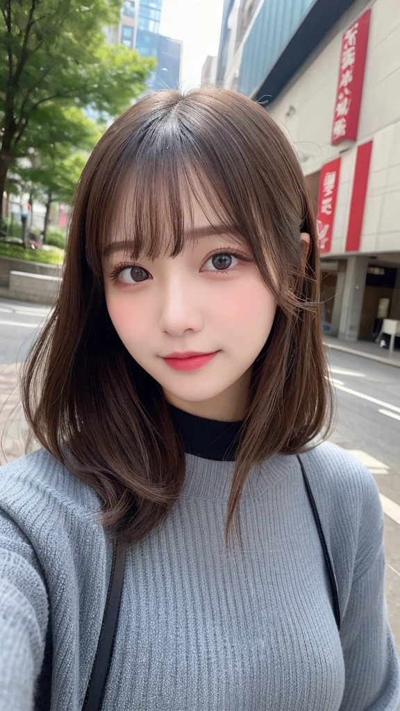 Tabletop, Highest quality, shape, Very detailed, finely, High resolution, 8k wallpaper, 完璧なダイナミックな構shape, Beautiful and exquisite, Gorgeous black fluffy Tokyo winter wear,ランダムなcute髪,Small breasts,Natural color lip, ,smile、20-year-old girl、cute、常にBlur the background,Perfect and beautiful face,Photograph only the face,Beautiful and dense face、Slim face and figure,Big eyes、Putting on gal makeup,Blur the background,Blur the background,Face close-up