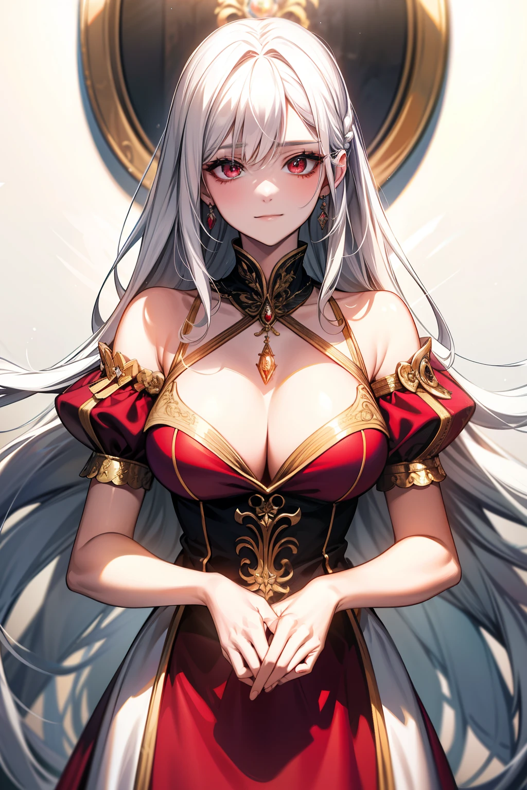 (best quality:1.1), (Masterpiece:1.2), lady, Shiny white hair, red eyes, long hair, ใบหน้าbeautiful, luxary dress, Big breasts, beautiful, collarbone, open chest, Bright face, Royal high, hall background, ริมฝีปากอมชมพู, เครื่องประดับหรูหรา ((Highest quality, Best Performance, Maximum details, Light and shadow details:1.2, 4k details))