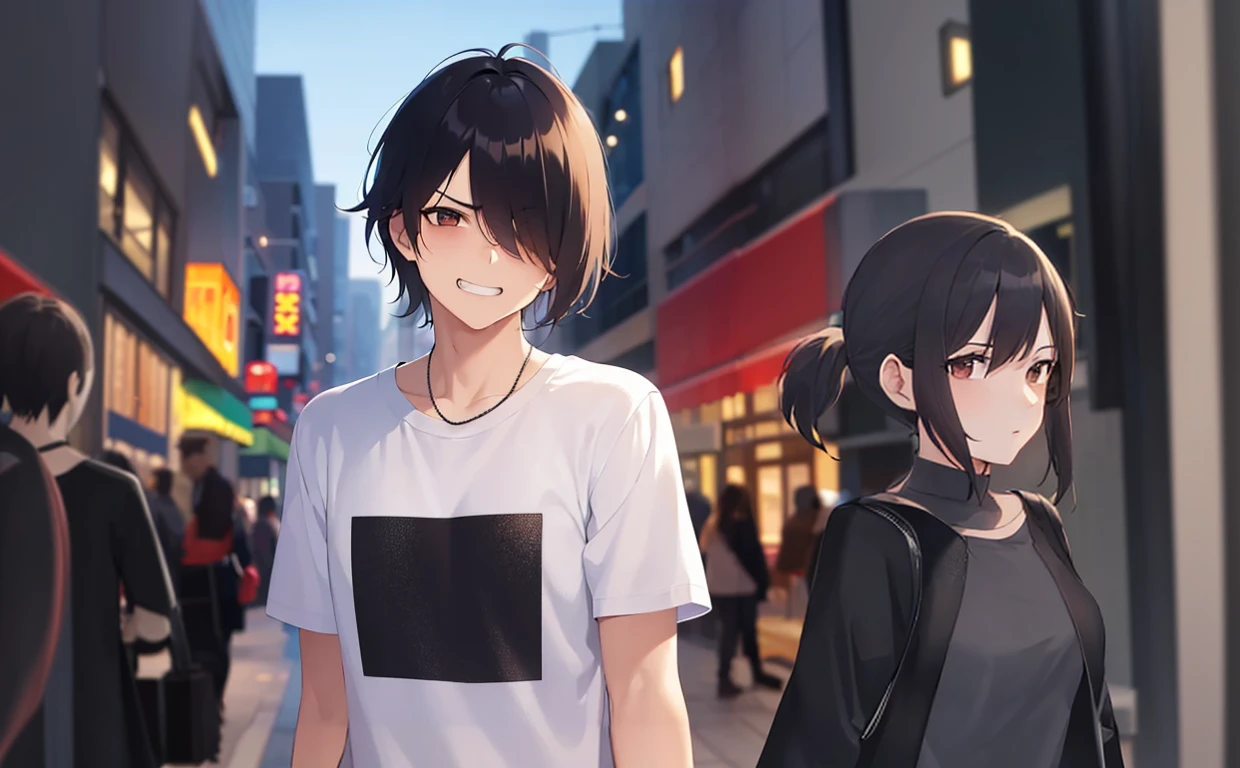 The background is a shopping street at night