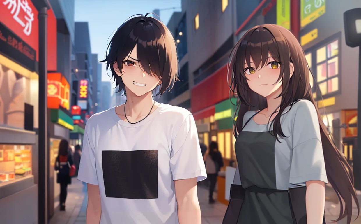 The background is a shopping street at night
