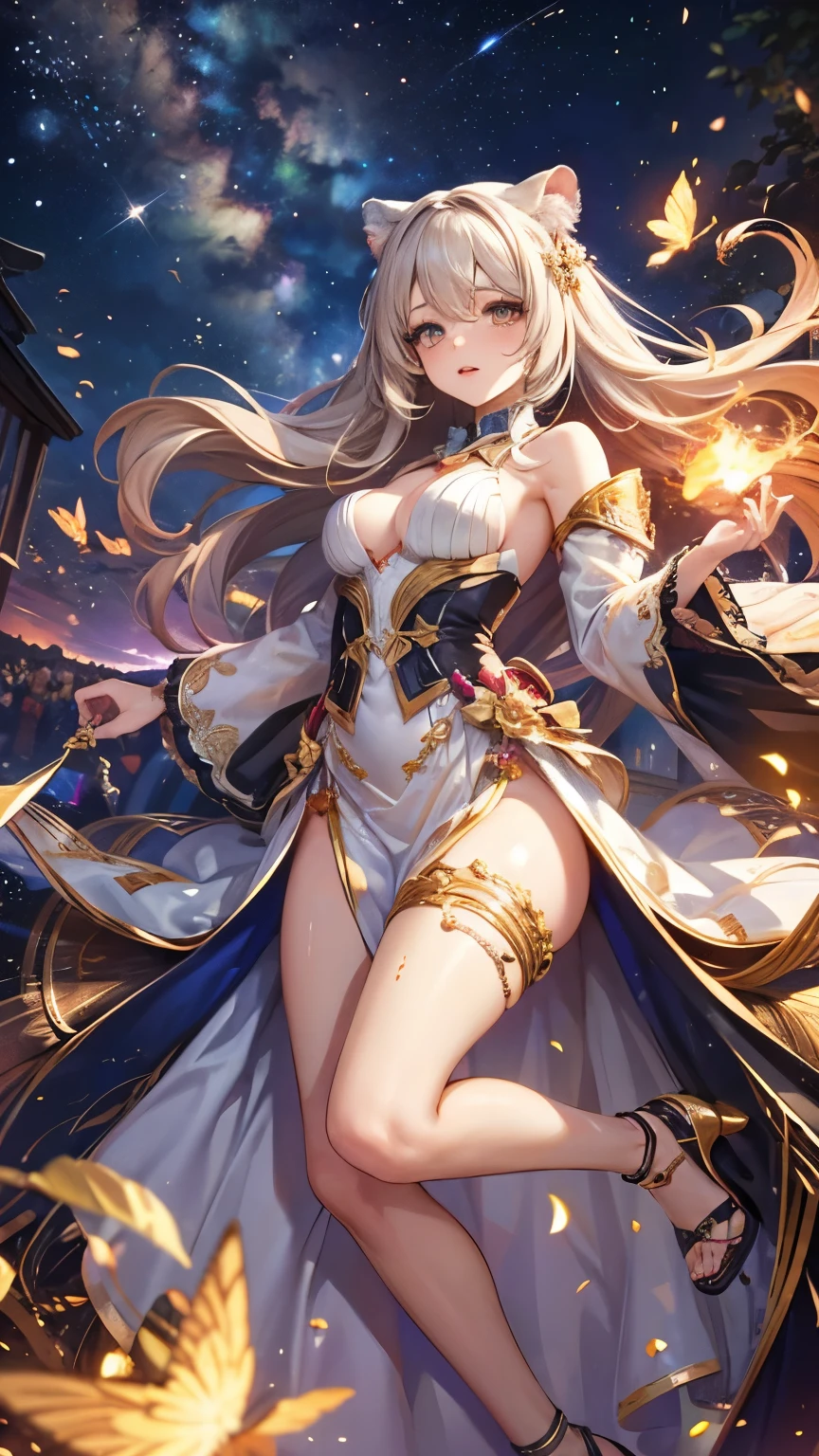 Highest quality, Super quality, 16K, Incredibly absurd, Very detailed, 2.5D, delicate and dynamic, Small faint lights and flying fireflies, night, Starry Sky, milky way, nebula, shooting star,,erotic, sole sexy lady, healthy shaped body, 22 years old lady, 170cm tall, huge firm bouncing busts, Colorful stripes of light, A long dress with a complex structure, Colorful dress, White Tiger