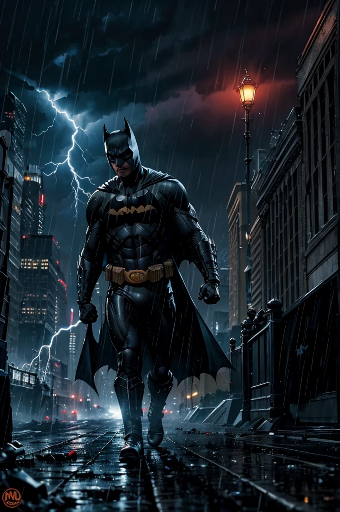 Nas ruas sombrias de Gotham, Torrential rain falls relentlessly as white and blue lightning tears across the night sky. O Batman, ferido e exausto, Face off against a horde of bloodthirsty criminals. Your body is a target for deep cuts, Bathing the night in a red hue of violence. The fight is fierce, but the Dark Knight doesn't back down. Correndo perigo de vida, ele se ergue contra as adversidades, determined to deliver justice amidst the storm of Gotham's darkness. In the midst of all this, include many explosions, sangue nas ruas e paredes, a meteor falling from the open sky to the ground in Gotham.