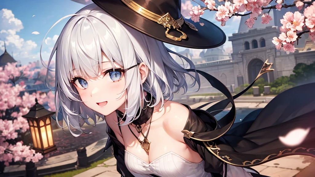 Her eyes were shining、Mysterious and enchanting atmosphere。With AI Painting、とてもShort Hair, Long bangs between the eyes, Very detailed,(masterpiece、Highest quality)、alone、Gray Hair、Fantasy, Silver Hair, Fantasyな風景、White shirt、smile、Open your mouth、Scarf、short hair、Short Hair、hairpin、black eye、Grey Eyes、Beautiful Eyes