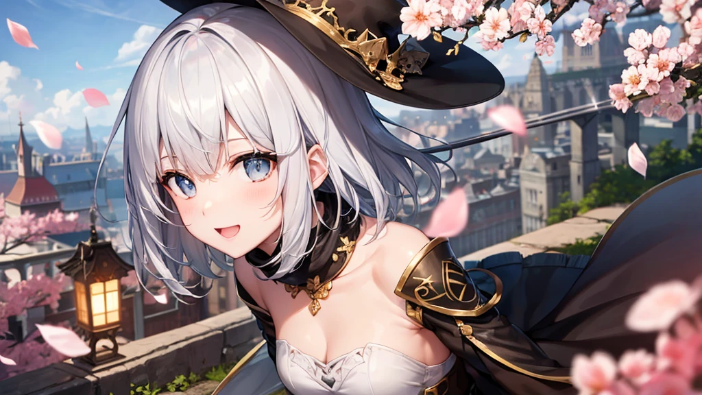 Her eyes were shining、Mysterious and enchanting atmosphere。With AI Painting、とてもShort Hair, Long bangs between the eyes, Very detailed,(masterpiece、Highest quality)、alone、Gray Hair、Fantasy, Silver Hair, Fantasyな風景、White shirt、smile、Open your mouth、Scarf、short hair、Short Hair、hairpin、black eye、Grey Eyes、Beautiful Eyes