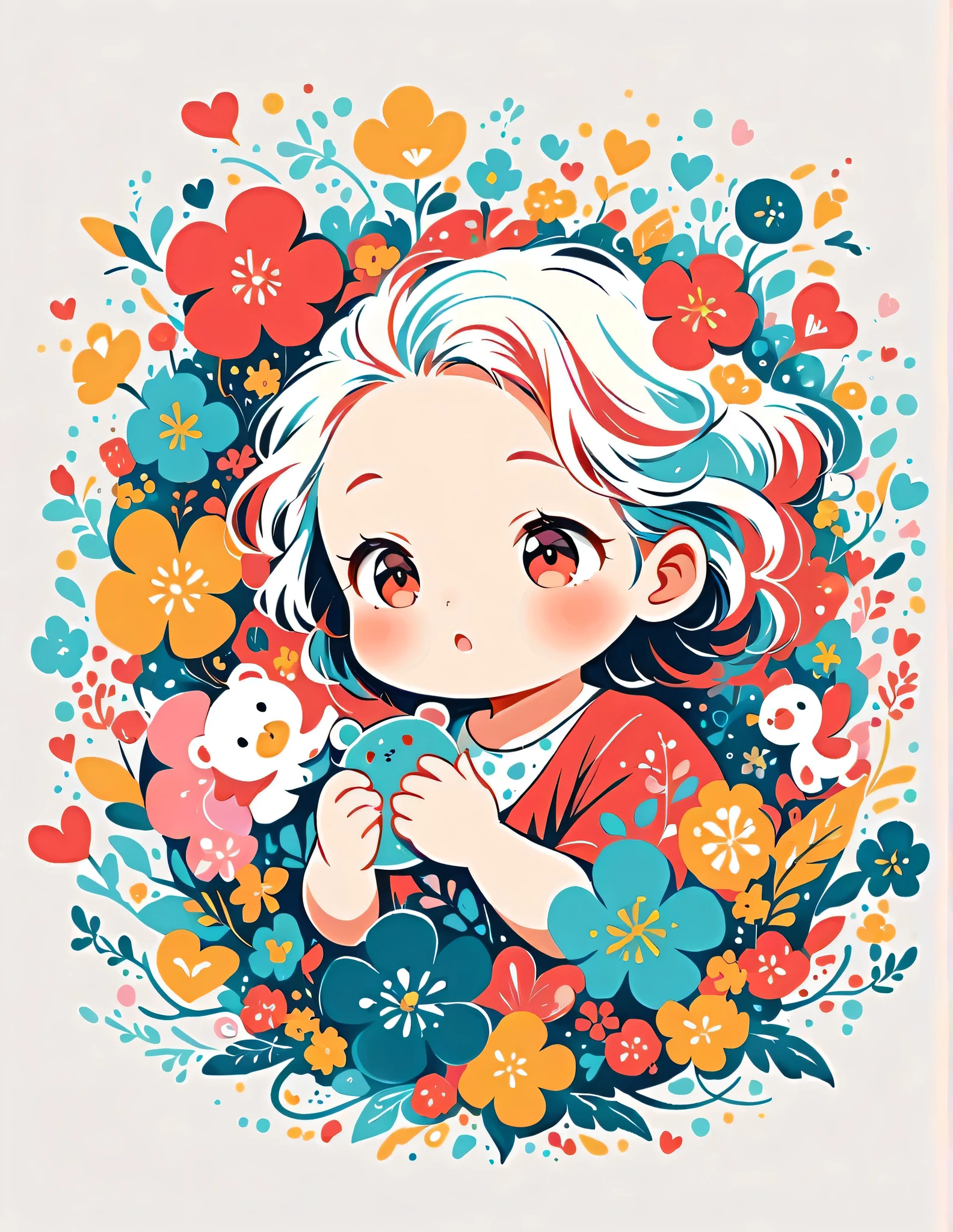 Black Star Red and White style, Simple Line Initialism,Abstract art,Urban Background, colorful hearts ,colorful flowers, (((The most beautiful girl of all time))), cute baby, playing, Cute and colorful amoeba