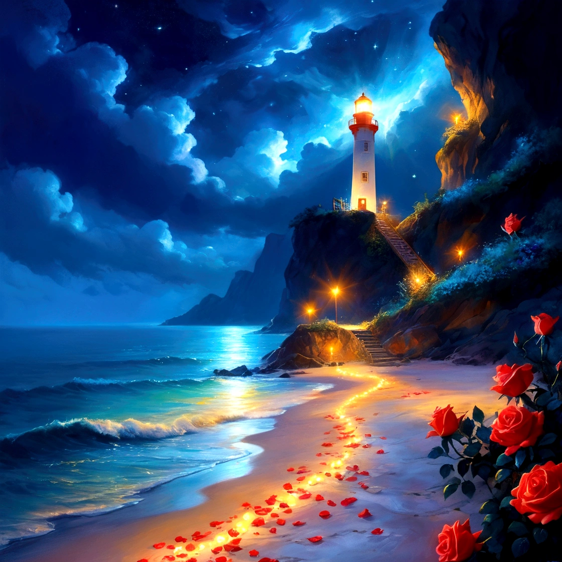 night，seaside，Long shot，In the distance is the quiet and bright starry sky and the lighthouse on the island，Lower-left corner of the screen（Southwest）There are glowing sea water and beaches，(seaside有一条发光的明亮的弯曲的小路延伸到Southeast，There are large patches of red roses growing on the roadside，The golden flowers illuminate the path)，Glowing rose petals floating on the sea，Clear edge glow rendering，Neon light effects，Emphasize the lower right corner（Southeast）The brightest colors，The overall picture forms a strong contrast between light and dark colors from north to south，水彩画Ink splashing质感，Light and Shadow Art，Gorgeous, romantic, beautiful and dreamy atmosphere，Large game CG scenes，Light painting rendering，Light particle effects，Flowing Lights，seaside闪烁的明亮的灯光， Beautiful art UHD 4K， Oil painting texture，Beautiful Numbers艺术作品， 平静的night. Beautiful Numbers， Amazing wallpapers， 4k highly detailed digital art， Fantasy seascape， 4K HD illustration wallpaper， beautiful digital illustration,8k concept art，Fantasy Art，Ink splashing