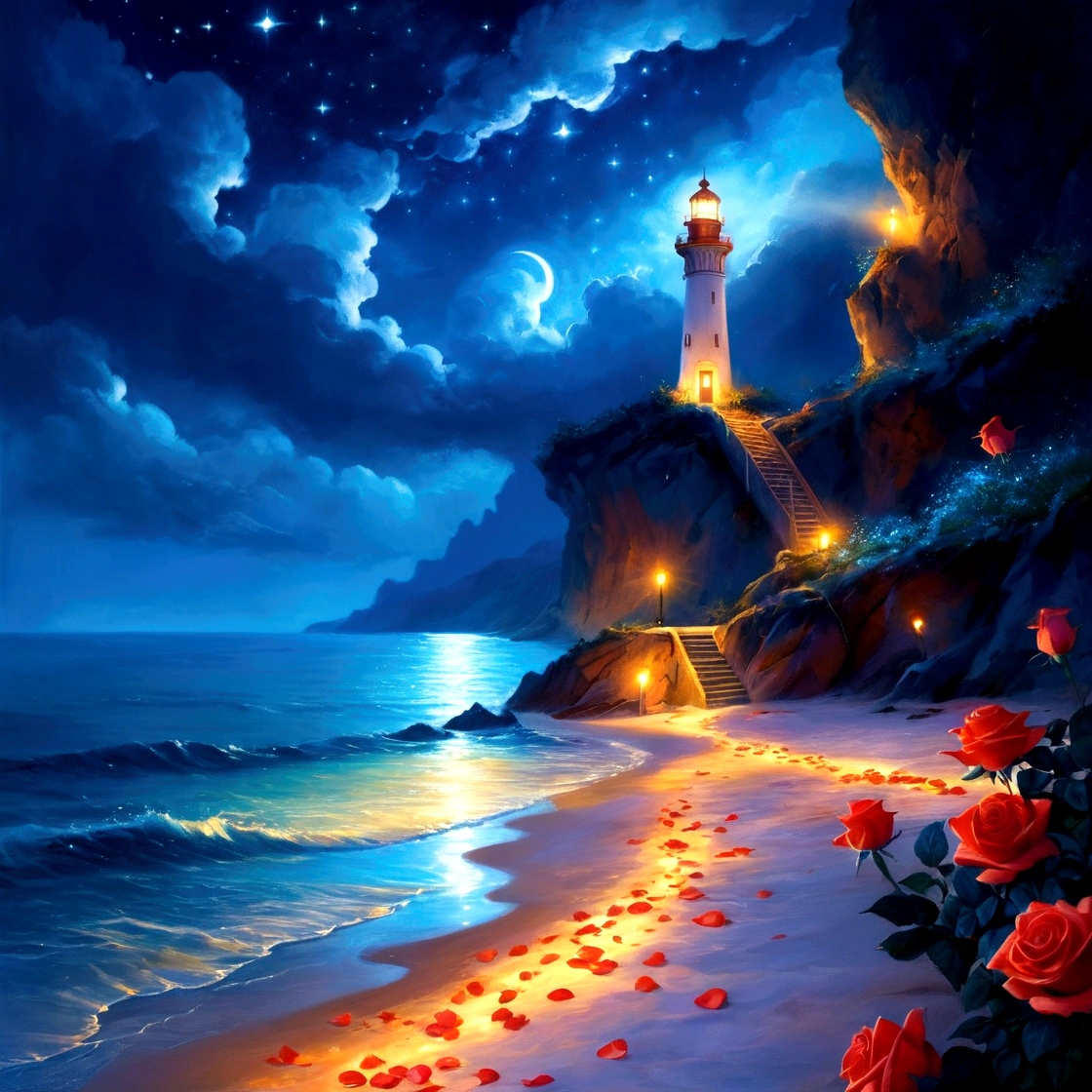 night，seaside，Long shot，In the distance is the quiet and bright starry sky and the lighthouse on the island，Lower-left corner of the screen（Southwest）There are glowing sea water and beaches，(seaside有一条发光的明亮的弯曲的小路延伸到Southeast，There are large patches of red roses growing on the roadside，The golden flowers illuminate the path)，Glowing rose petals floating on the sea，Clear edge glow rendering，Neon light effects，Emphasize the lower right corner（Southeast）The brightest colors，The overall picture forms a strong contrast between light and dark colors from north to south，水彩画Ink splashing质感，Light and Shadow Art，Gorgeous, romantic, beautiful and dreamy atmosphere，Large game CG scenes，Light painting rendering，Light particle effects，Flowing Lights，seaside闪烁的明亮的灯光， Beautiful art UHD 4K， Oil painting texture，Beautiful Numbers艺术作品， 平静的night. Beautiful Numbers， Amazing wallpapers， 4k highly detailed digital art， Fantasy seascape， 4K HD illustration wallpaper， beautiful digital illustration,8k concept art，Fantasy Art，Ink splashing