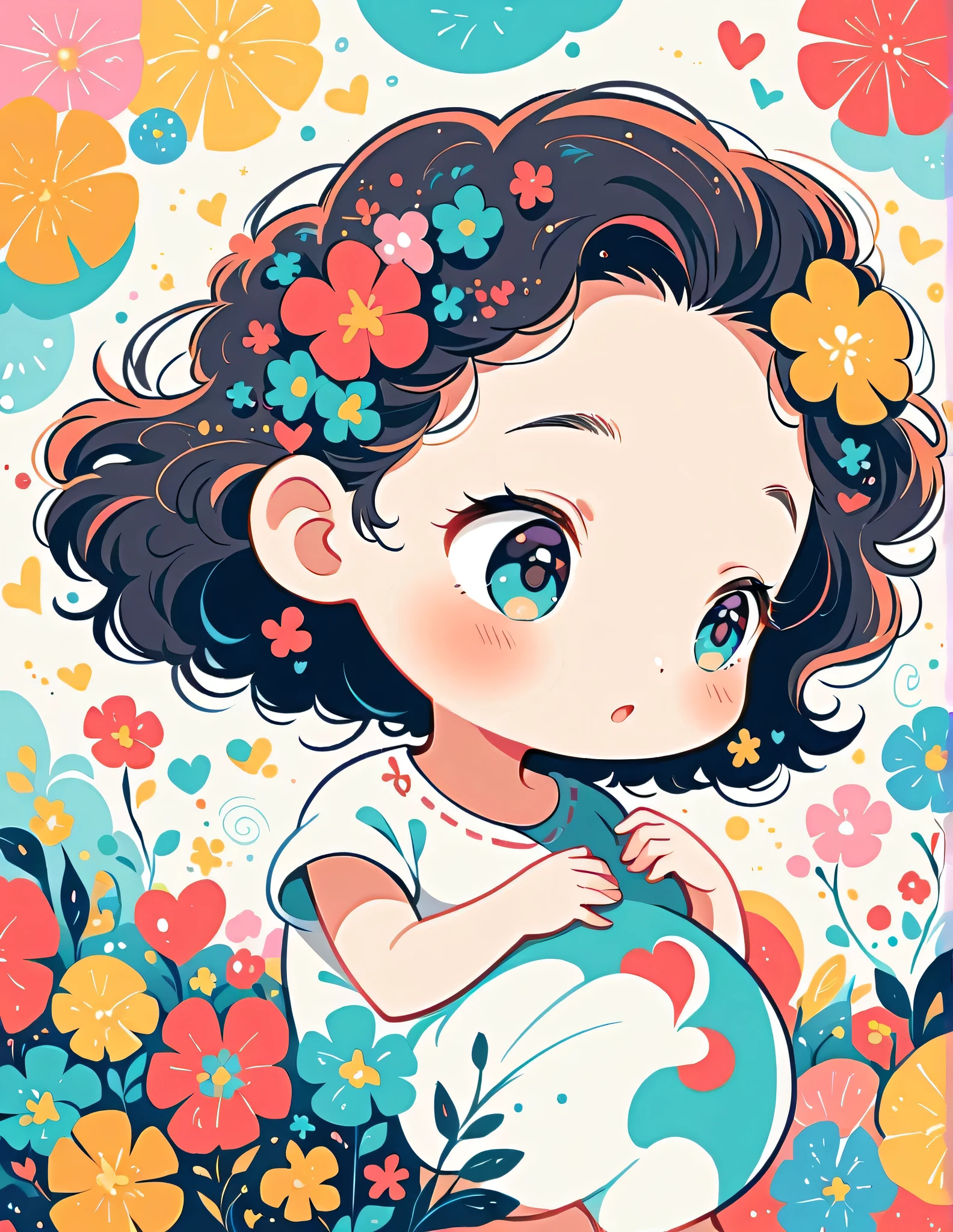 Black Star Red and White style, Simple Line Initialism,Abstract art,Urban Background, colorful hearts ,colorful flowers, (((The most beautiful girl of all time))), cute baby, playing, Cute and colorful amoeba