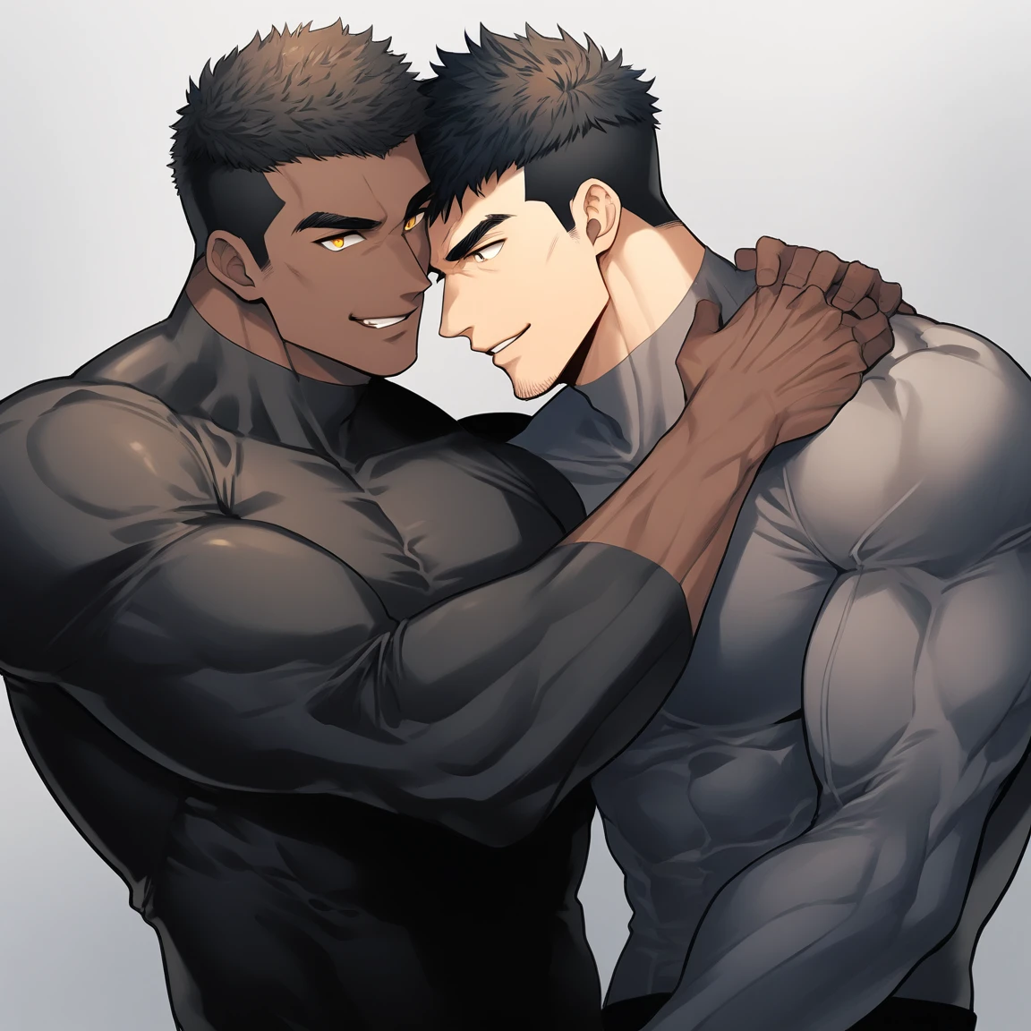anime characters:Two superheroes in tights, Muscle superhero, negro black skin, They hugged and kissed each other, Bite your neck, Caress, Manliness, male focus, Yellow and black high collar long sleeve tight T-shirt, Slightly transparent material, Very tight, Round, full and perky chest muscles, Muscle waist, Slightly transparent, muscular male, muscular, only, Upper body, alone, Black short hair, Thick eyebrows, stubble, Yellow eyes, Grey background, simple background, amazing quality, best aesthetics, Ridiculous, bright pupils, crew cut, parted lips, seductive smile, torogao, naughty face, drop shadow, best quality