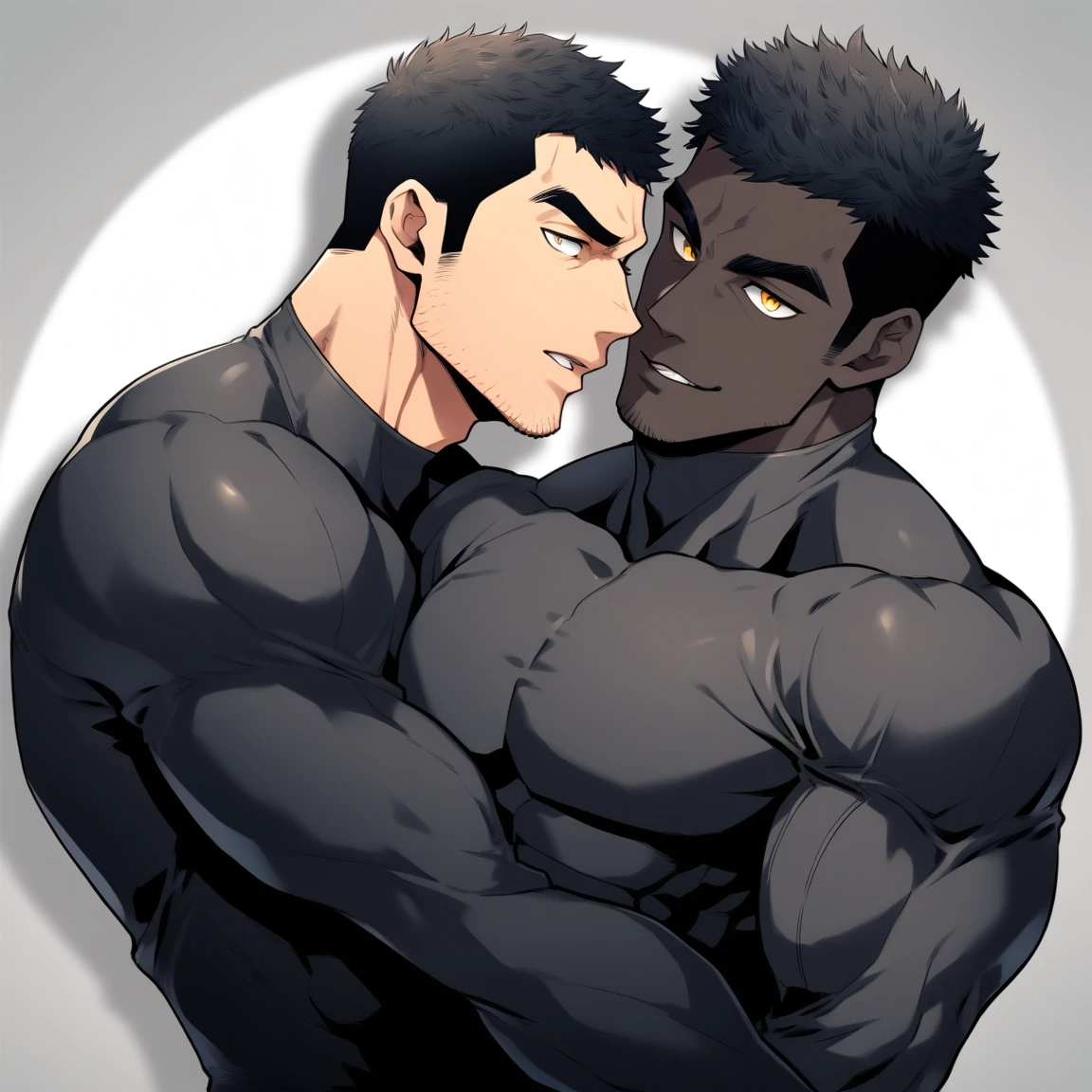 anime characters:Two superheroes in tights, Muscle superhero, negro black skin, They hugged and kissed each other, Bite your neck, Caress, Manliness, male focus, Yellow and black high collar long sleeve tight T-shirt, Slightly transparent material, Very tight, Round, full and perky chest muscles, Muscle waist, Slightly transparent, muscular male, muscular, only, Upper body, alone, Black short hair, Thick eyebrows, stubble, Yellow eyes, Grey background, simple background, amazing quality, best aesthetics, Ridiculous, bright pupils, crew cut, parted lips, seductive smile, torogao, naughty face, drop shadow, best quality