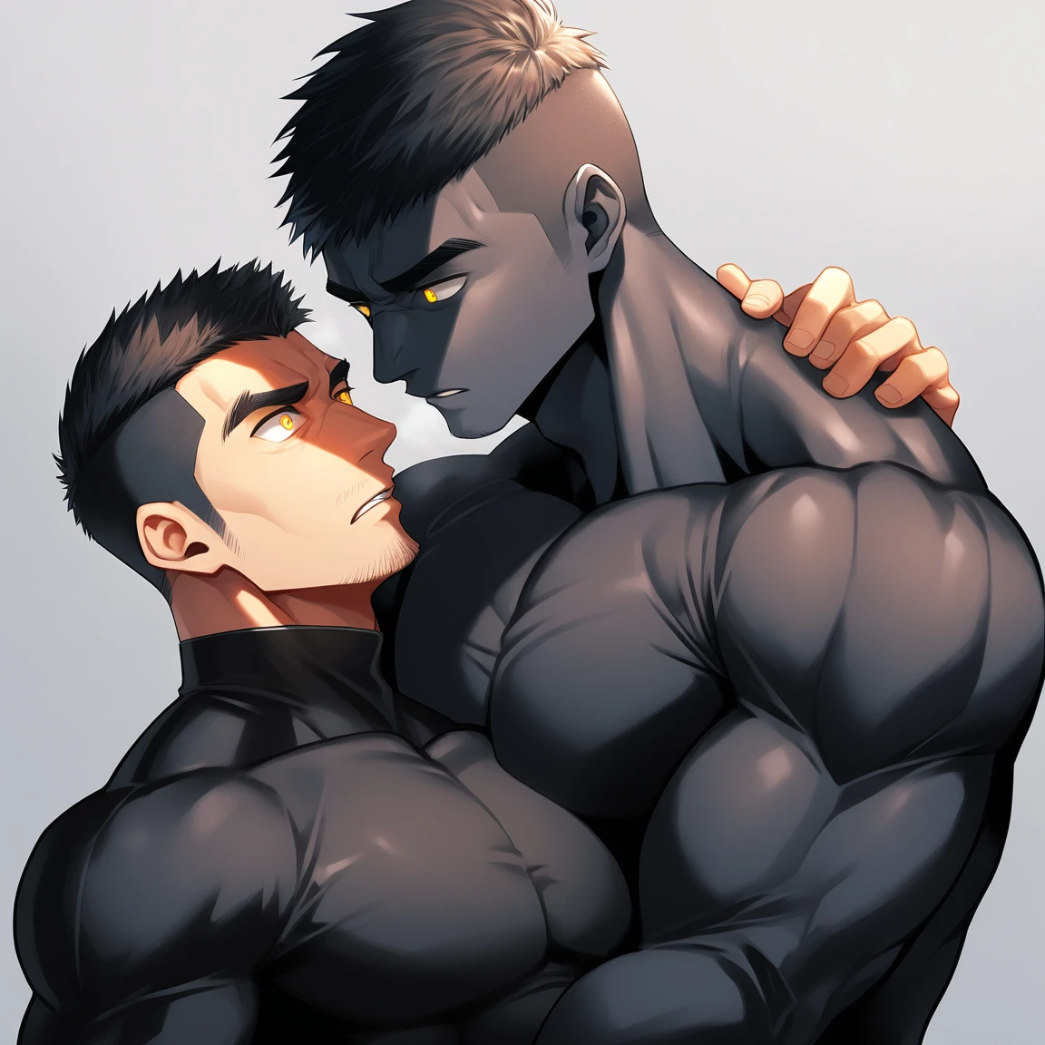 aanime characters:Two superheroes in tights, Muscle superhero, Black Short Hair, negro black skin, They hugged and kissed each other, Bite your neck, Caress, Manliness, male focus, Yellow and black high collar long sleeve tight T-shirt, Slightly transparent material, Very tight, Round, full and perky chest muscles, Muscle waist, Slightly transparent, muscular male, muscular, only, Upper body, alone, Black Short Hair, Thick eyebrows, stubble, Yellow eyes, Grey background, simple background, amazing quality, best aesthetics, Ridiculous, bright pupils, crew cut, parted lips, heavy breathing, pain, horrified, drop shadow, best quality