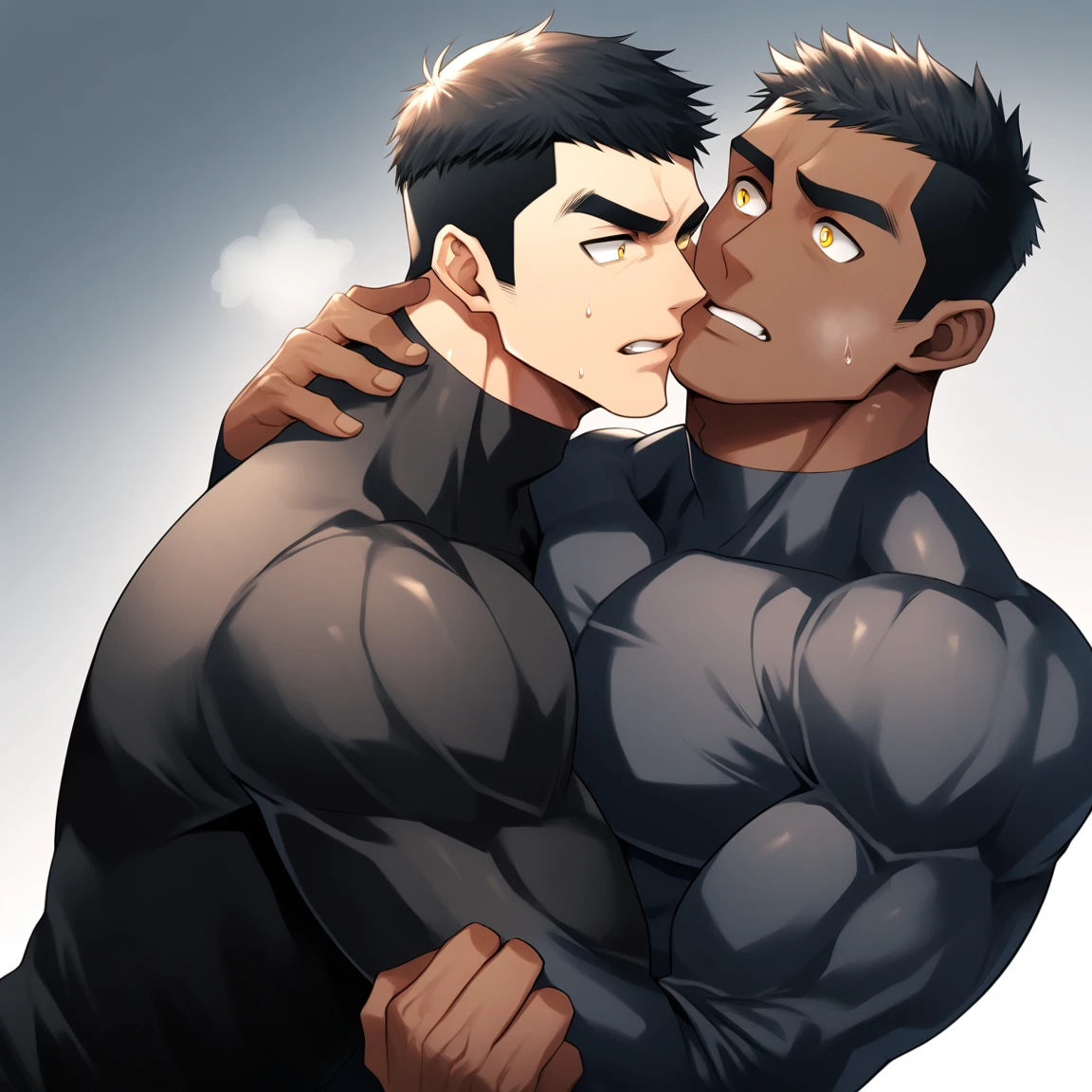 aanime characters:Two superheroes in tights, Muscle superhero, Black Short Hair, negro black skin, They hugged and kissed each other, Bite your neck, Caress, Manliness, male focus, Yellow and black high collar long sleeve tight T-shirt, Slightly transparent material, Very tight, Round, full and perky chest muscles, Muscle waist, Slightly transparent, muscular male, muscular, only, Upper body, alone, Black Short Hair, Thick eyebrows, stubble, Yellow eyes, Grey background, simple background, amazing quality, best aesthetics, Ridiculous, bright pupils, crew cut, parted lips, heavy breathing, pain, horrified, drop shadow, best quality