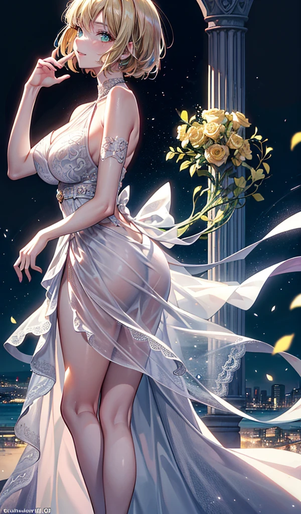 Please follow the all prompts below exactly and faithfully, This is a breathtaking masterpiece of digital illustration, with maximum resolution, UHD, 512K, 2160p, 10 million ppi, 300 million dpi, natural color tones, ultra sharp details, perfect outlines with contrast, ((smooth, soft and clearly and most realistic skin and hair texture)), most beautiful detailed eye features, perfect anatomically correct human body, beautiful background with depth, rule of thirds, depth of field, Maximize all element is used to its full potential to create the best digital illustrations, 1woman, sexy, 25years old, beautiful face sharp, elegant woman, Ultimate perfect body style, beautiful beautiful big breasts, Maximize upturned breasts, green eyes, shiny blonde hair, short hair, bob cut, (eyes visible through hair:1.3), glossy very thick lips, pink lipstick, smile:1.5, 
Elegant Evening Gown: A long, flowing gown with a halter neck and intricate lace details on the bodice. The gown is made of lightweight chiffon fabric, with a fitted waist and a floor-length skirt that has a subtle train. The back of the gown features a keyhole cutout.