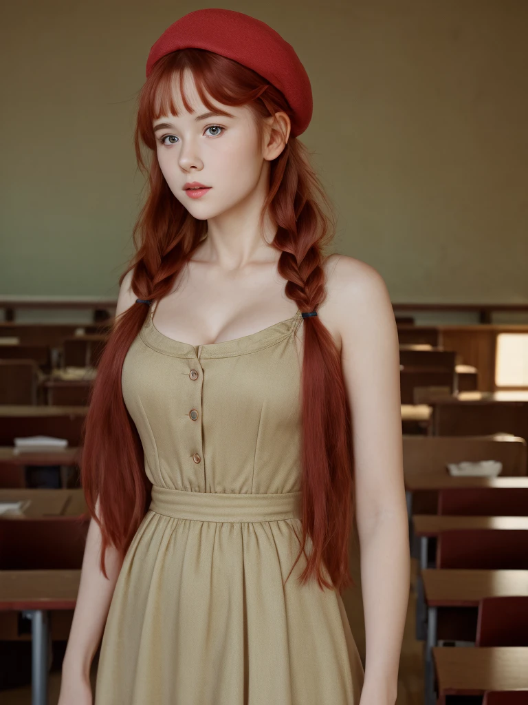 (masterpiece, best quality, cinematic, volumetric lighting, very detailed, high resolution, sharp, sharp image, 4k, 8k, 35 mm, one girl), ((a girl in classroom, she wears long dress and beret, shy, braided red hair, pale skin)), ((slim body, very large bust size for her young age))