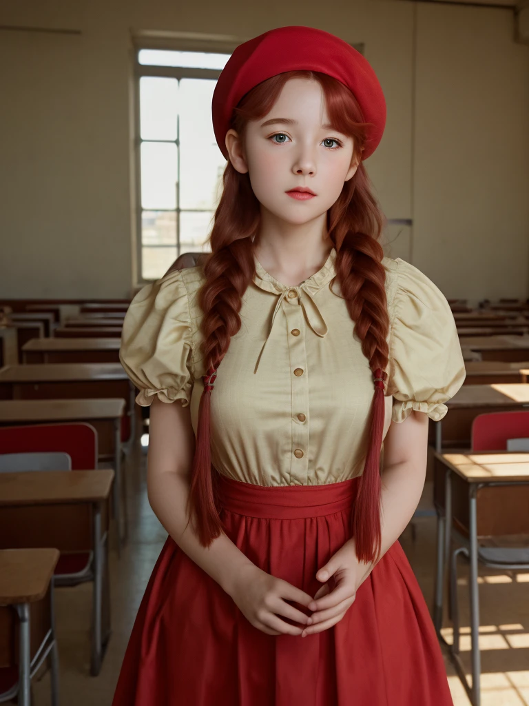 (best quality,4k,8k,highres,masterpiece:1.2),ultra-detailed,(realistic,photorealistic,photo-realistic:1.37), ((classroom, a peasant school girl, she wears dress, solo, shy)), ((very large bust size for her young age, )), she wears beret, she wears no bra, braided red hair, pale skin, full body view