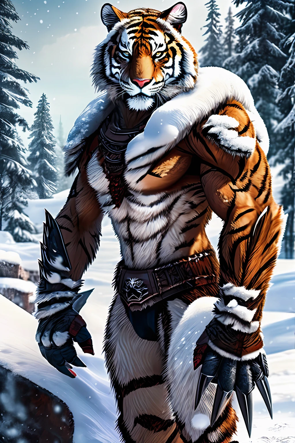 Mutant tiger standing on two legs, snow background, Brutal!, put on warrior armor, Big claws, Thirsty for blood, Big one, Thick fur, no back panel, snow backgroundมืดมิด, conjunctivitis, Demonic Aura