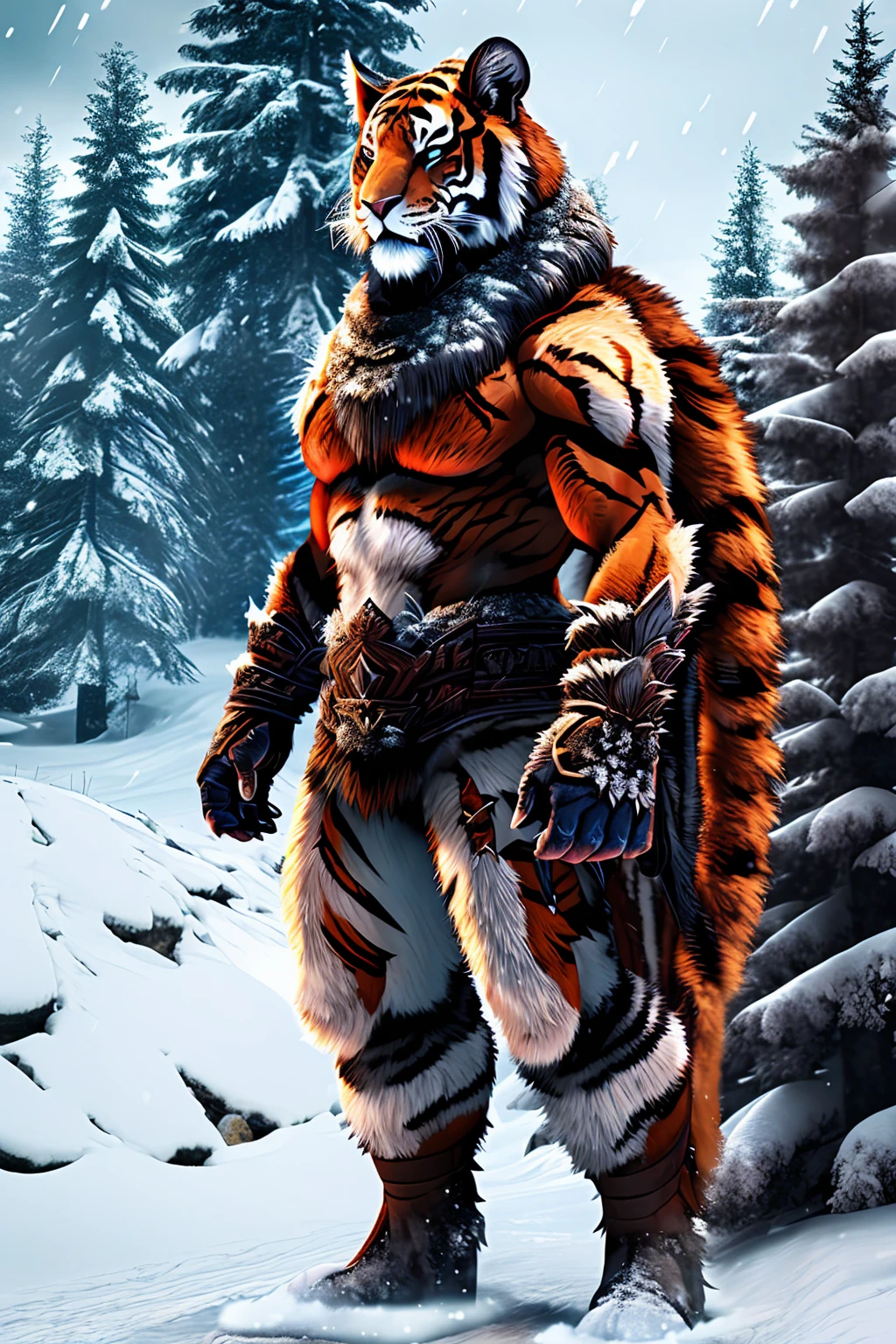 Mutant tiger standing on two legs, snow background, Brutal!, put on warrior armor, Big claws, Thirsty for blood, Big one, Thick fur, no back panel, snow backgroundมืดมิด, conjunctivitis, Demonic Aura