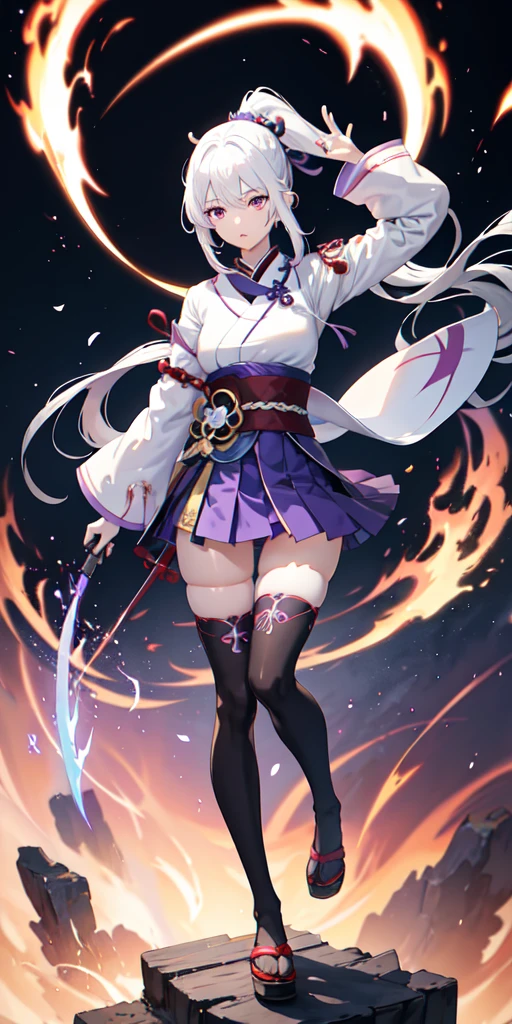 1girl, japanese clothes, ponytail ,white hair, purple eyes, magic circle, blue fire, blue flames, wallpaper, landscape, blood, blood splatter, depth of field, night, light particles, light rays, sidelighting, thighs, fate \(series\), genshin impact, ****, open jacket, skirt, thighhighs, cloud