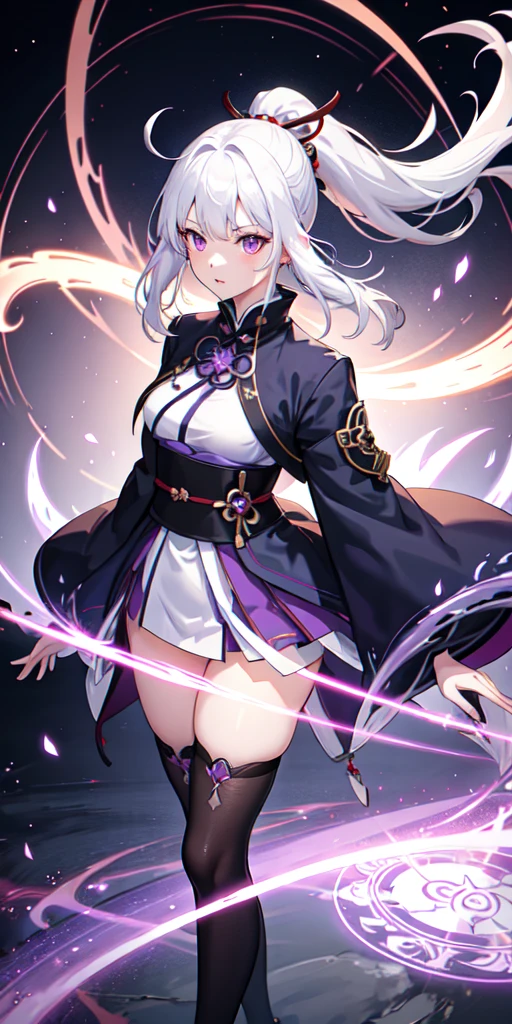 1girl, japanese clothes, ponytail ,white hair, purple eyes, magic circle, blue fire, blue flames, wallpaper, landscape, blood, blood splatter, depth of field, night, light particles, light rays, sidelighting, thighs, fate \(series\), genshin impact, ****, open jacket, skirt, thighhighs, cloud