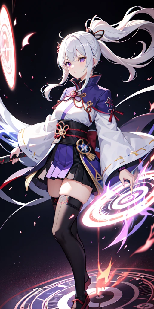 1girl, japanese clothes, ponytail ,white hair, purple eyes, magic circle, blue fire, blue flames, wallpaper, landscape, blood, blood splatter, depth of field, night, light particles, light rays, sidelighting, thighs, fate \(series\), genshin impact, ****, open jacket, skirt, thighhighs, cloud
