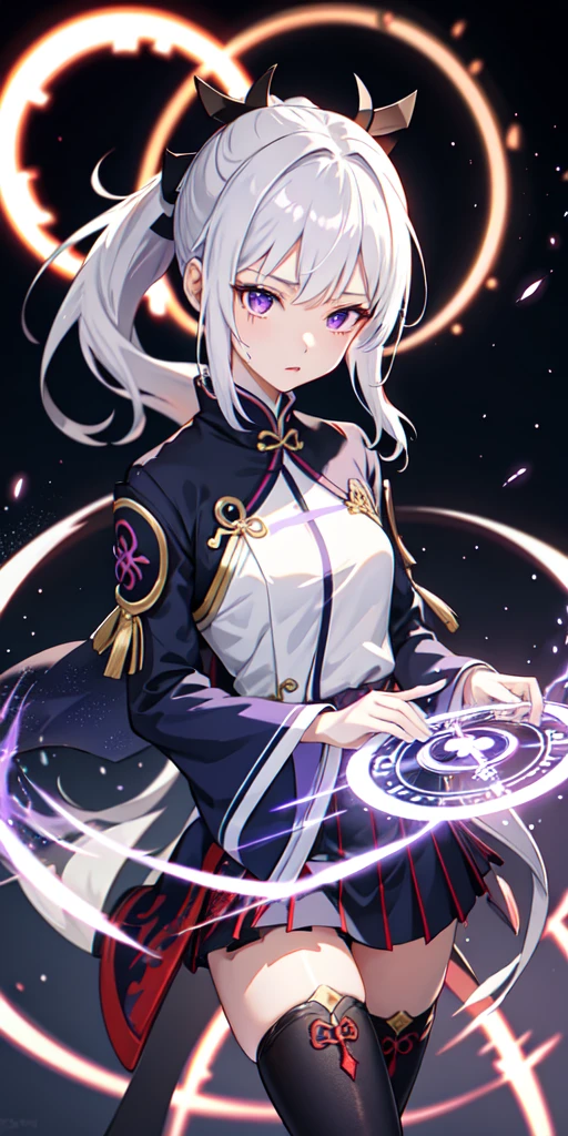 1girl, japanese clothes, ponytail ,white hair, purple eyes, magic circle, blue fire, blue flames, wallpaper, landscape, blood, blood splatter, depth of field, night, light particles, light rays, sidelighting, thighs, fate \(series\), genshin impact, ****, open jacket, skirt, thighhighs, cloud