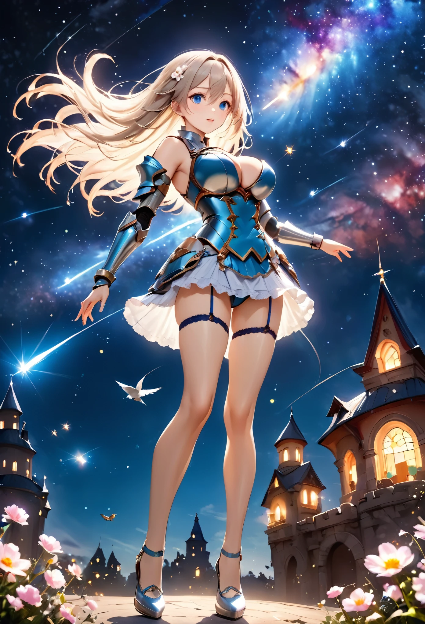 Highest quality, Super quality, 16K, Incredibly absurd, Very detailed, 2.5D, delicate and dynamic, Delicate facial depiction, Delicate eye depiction, Delicate depiction of hair, miniature painting, Small faint lights and flying fireflies, night, Starry Sky, milky way, nebula, shooting star, Flowers, birds, wind and moon, Floating castle in the sky, erotic, sole sexy lady, healthy shaped body, 22 years old lady, Hakuryu 170cm tall, huge firm bouncing busts, sexy long legs, garter belt, metal legs armor, Break, Blue Eyes, full body metal armor, Complicated armor, Brightly colored armor,
