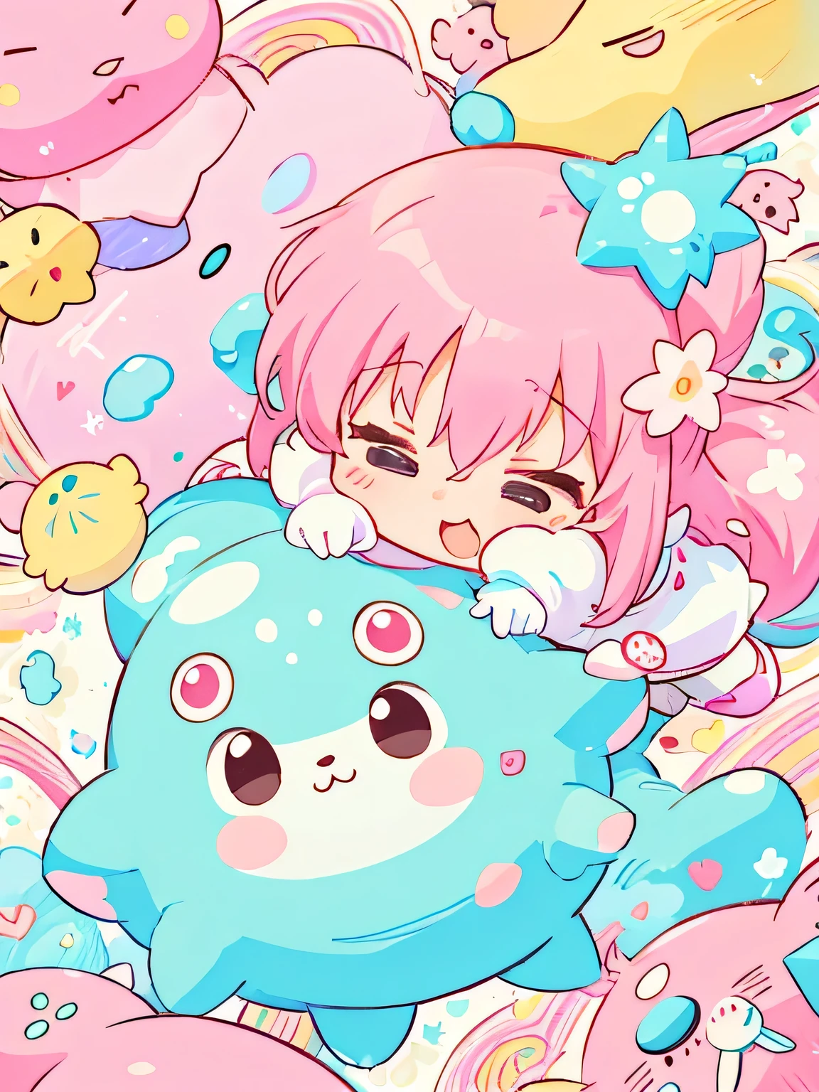 Momoko Sakura style、Kawaii Design, (((Cute and colorful amoeba))), They are fighting, (((no people)))