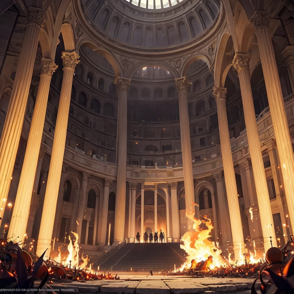 generate a image of coliseum setting with fire and flames around the edgdes #hyperrealistic #bright colors #wideshot