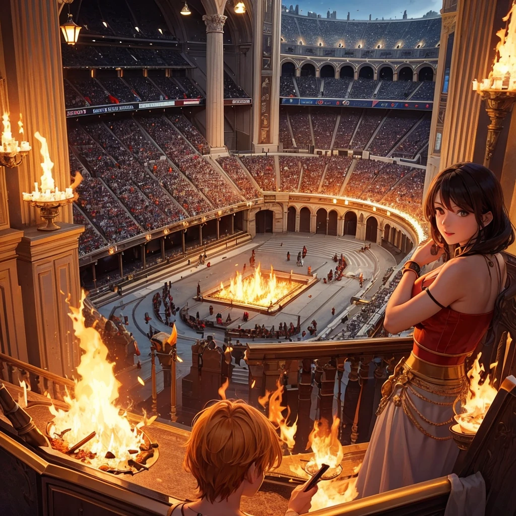 generate a image of coliseum setting with fire and flames around the edgdes #hyperrealistic #bright colors #wideshot