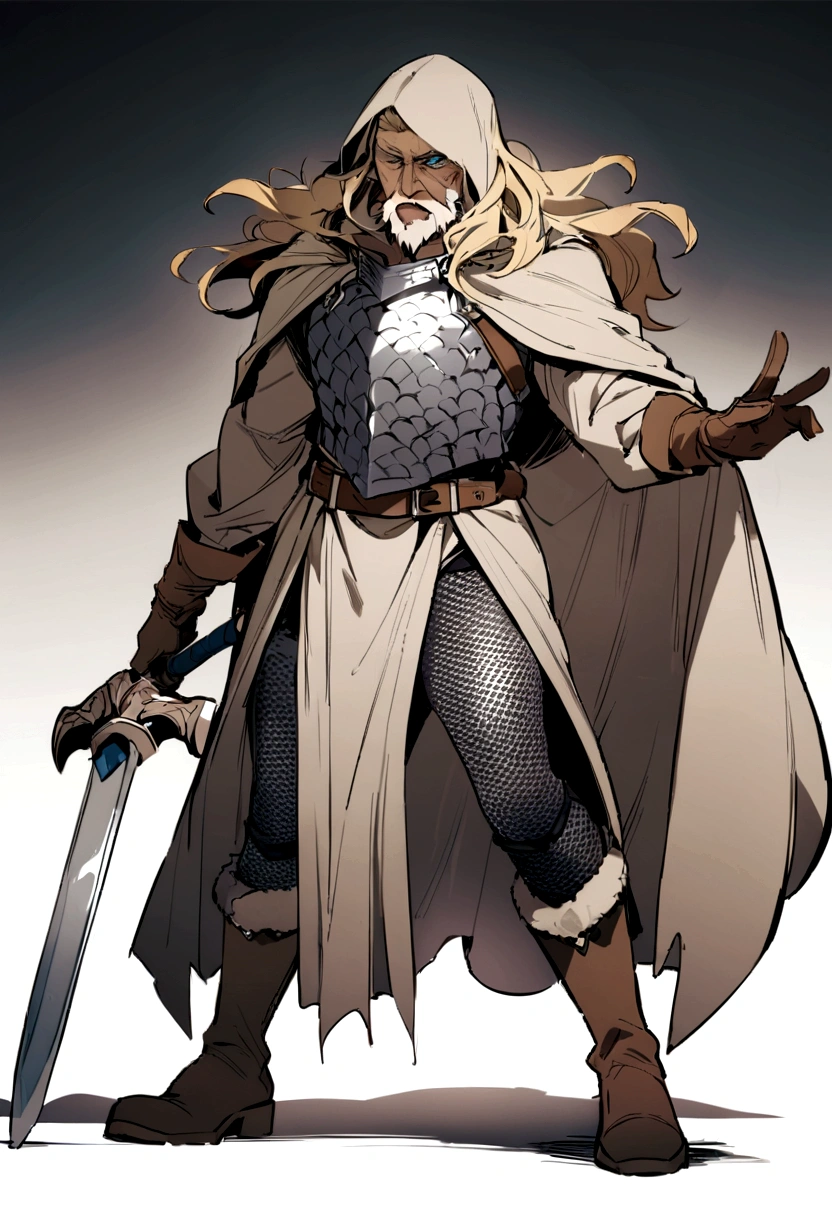 (best quality, masterpiece, (highres), original, extremely detailedshmh,1old man, solo, weapon, sword, holding weapon, holding, holding hammer, chainmail armor, gloves, hood, white background, brown gloves, blue mieyes, full body, boots, standing, simple background, looking at viewer, blonde hair, cape, scare in face, thor
