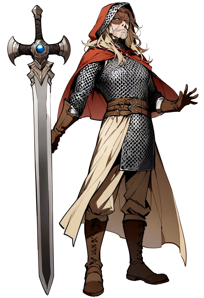 (best quality, masterpiece, (highres), original, extremely detailedshmh,1old man, solo, weapon, sword, holding weapon, holding, holding hammer, chainmail armor, gloves, hood, white background, brown gloves, blue mieyes, full body, boots, standing, simple background, looking at viewer, blonde hair, cape, scare in face, thor
