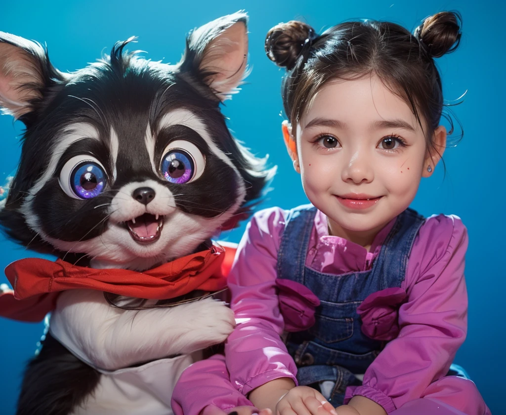 The image features a young girl sitting on a white surface against a gradient blue background. She is wearing a light purple outfit with a long-sleeved top and matching overalls. Her hair is styled in two cute buns, and she has small earrings. The girl has a gentle smile on her face, with big, expressive brown eyes and a soft blush on her cheeks, giving her a healthy, rosy complexion.
Next to the girl is a cartoonish, adorable raccoon character with large, bright purple eyes and a cheerful expression. The raccoon has dark fur with lighter patches around its eyes and mouth, and it wears a red scarf. The raccoon appears to be happily posing with the girl, adding a whimsical and playful touch to the image.
The overall atmosphere of the image is warm and charming, capturing the innocence and sweetness of the girl alongside the playful and friendly raccoon character.baby cute small girlcapturing the innocence and sweetness of the . мультяшный рендеринг ключевого кадра, милый 3D рендеринг,,Create ultra sharp цветной рендеринг zbrush. perfect cgi, baby cute small girlcgi art created only with gradients, smooth silhouette, Create ultra sharp skin, high intensity refraction, (plastic material), most beautiful vfx, blue background, plastic refractions, glossy texture, smooth 3d model, multiple light sources, rim light, sharp post effects render, (glossy plastic texture with multiple big light probe refractions), perfect cgi, cgi art created only with gradients, smooth silhouette, high intensity refraction, (plastic material), most beautiful vfx, blue background