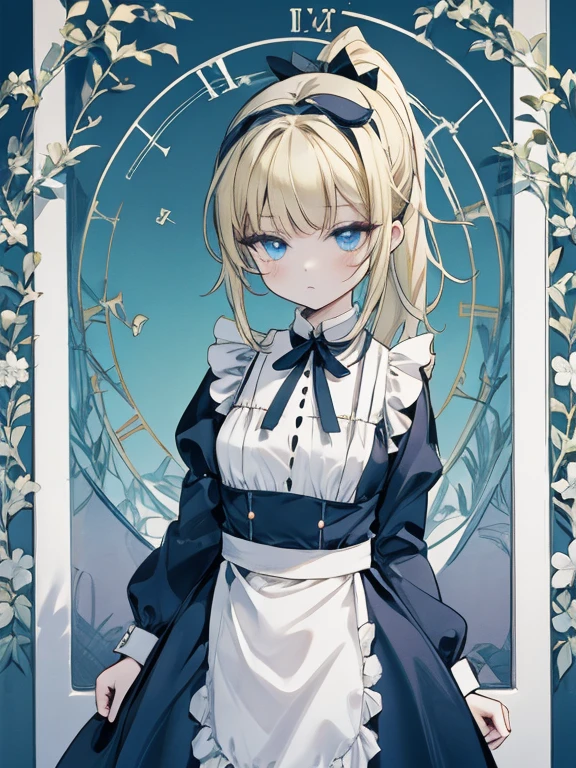 masterpiece, Highest quality, Very detailed, 16K, Ultra-high resolution, Cowboy Shot, Alice in Wonderland, (art nouveau:1.4), 10-year-old girl, Detailed face, panicking, blue eyes, blonde, Braiding, Long Hair, ponytail, Ribbon on head, Blue clothes, Plain white apron, 大きなclockのある部屋で, clock, 壁clock, Music Box