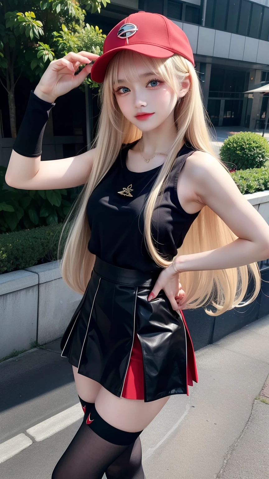(masterpiece, best quality), 1girl,  serena (pokemon),1girl,hat,sunglasses,long hair,blonde hair, blue eyes,bracelet,sleeveless shirt,black shirt,red skirt,pleated skirt,black thighhighs,